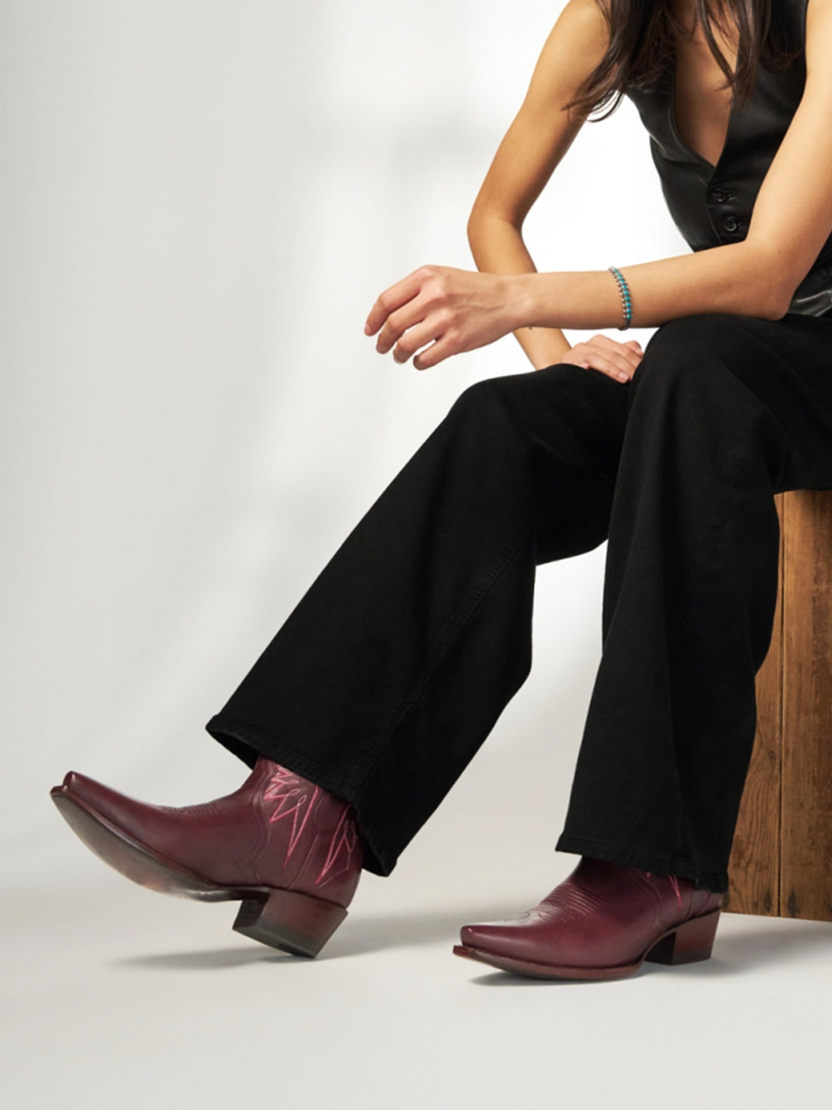 Wine Red Snip-Toe Embroidery Ankle Booties