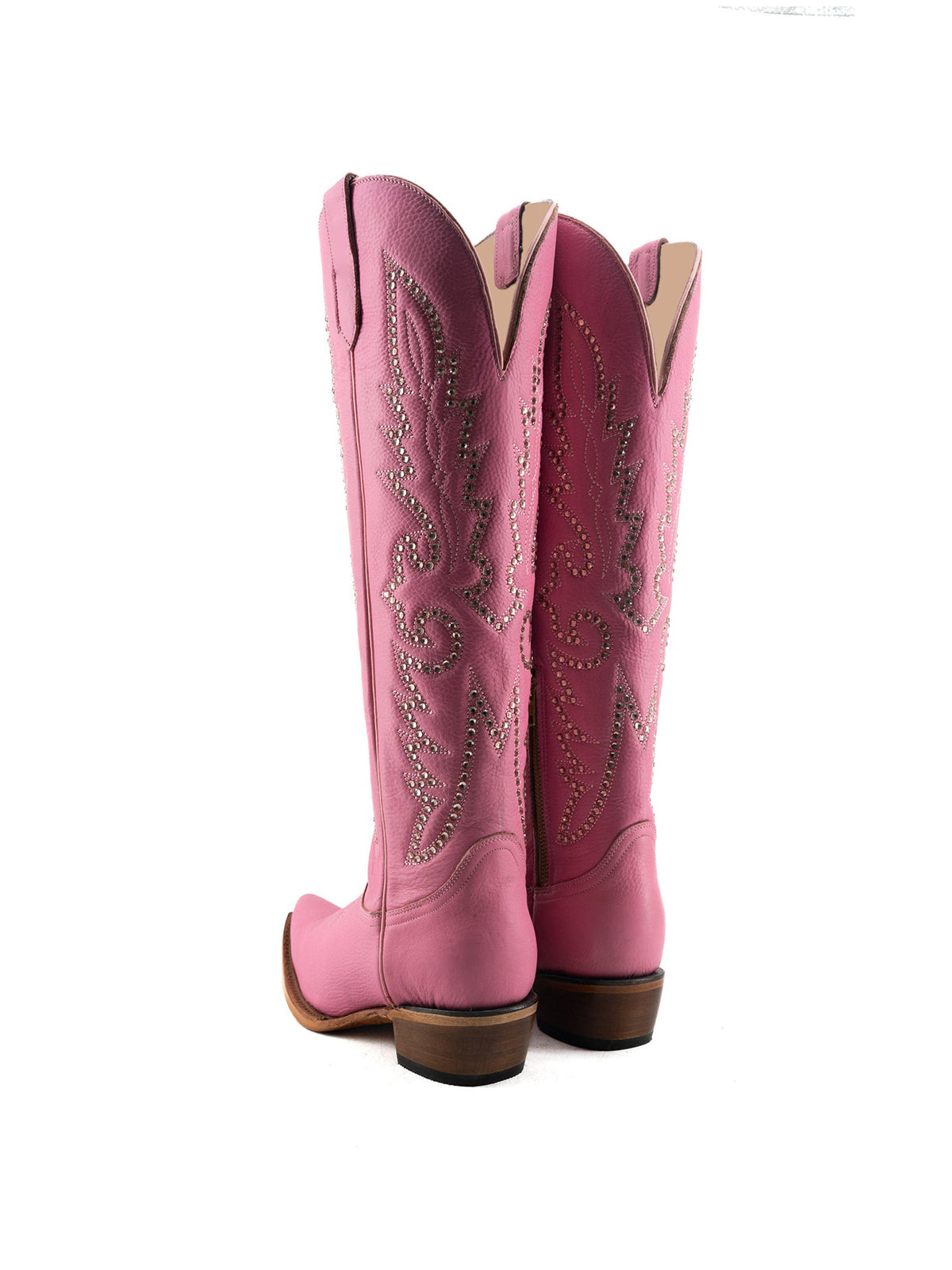Studs And Embroidery Snip-Toe Classic Half-Zip Knee High Cowgirl Boots – Pink