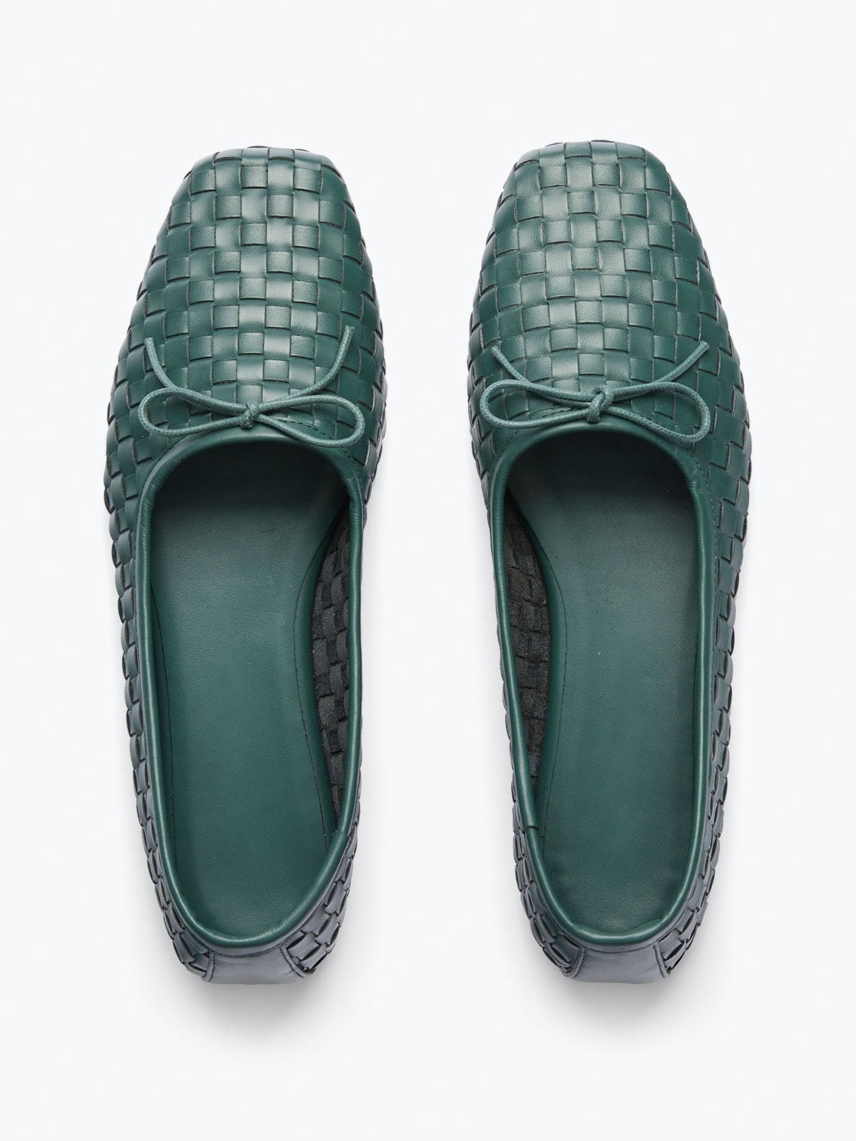 Green Woven Vegan Leather Square-Toe Front Bow Slip-On Ballet Flats