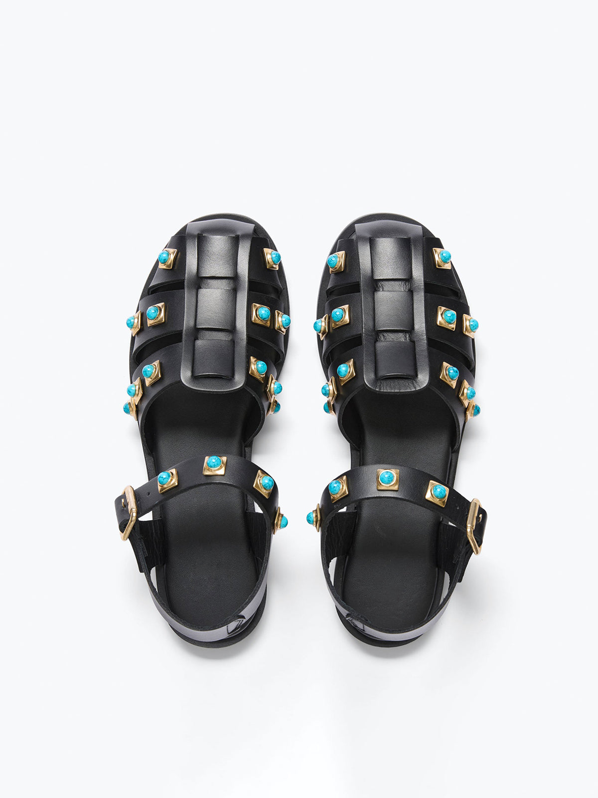 Black Round-Toe Fisherman Sandals With Turquoise Stones
