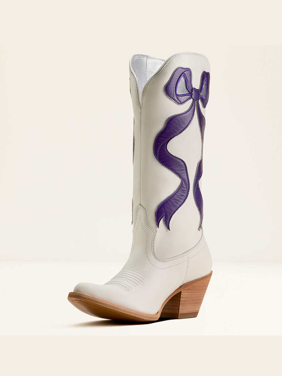 Ivory Almond-Toe Navy Side Big Bow Applique Mid Calf Cowgirl Boots