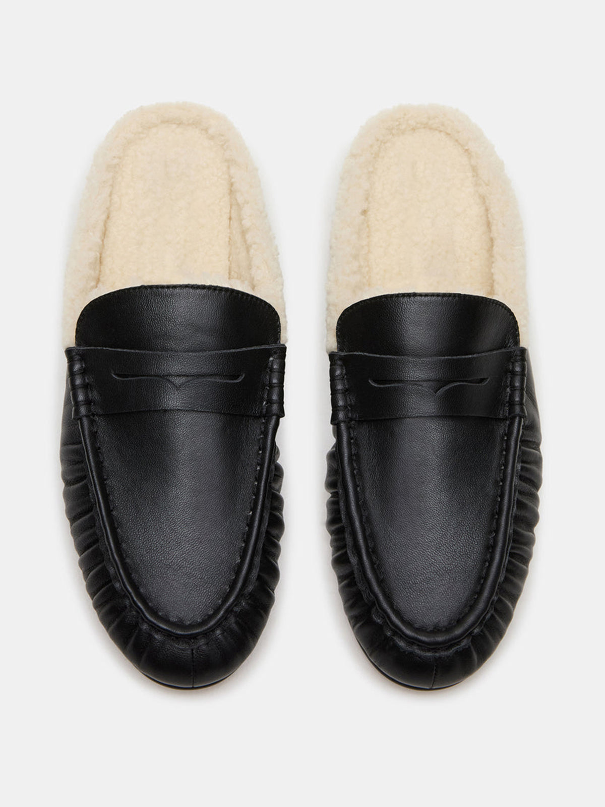 Black Vegan Leather And Plush Round-Toe Backless Simple Flats