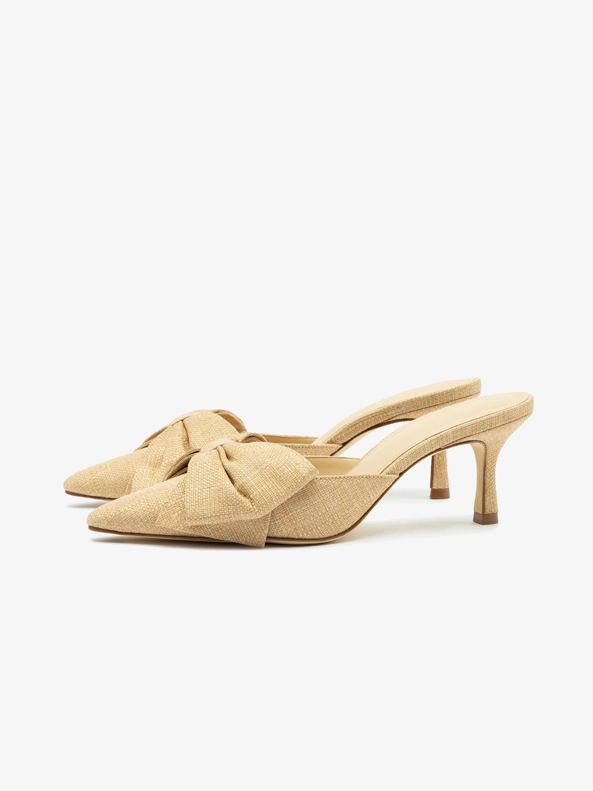 Beige Woven Pointed-Toe Big Front Bow High Heels