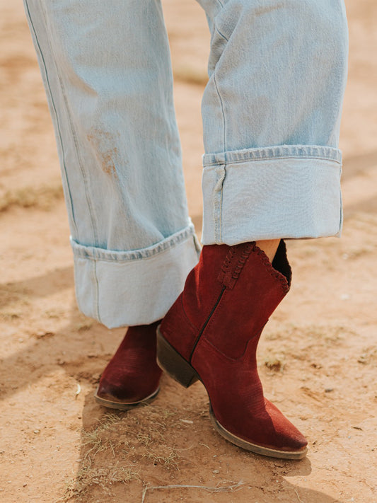 Red Faux Suede Snip-Toe Short Slip-On Ankle Cowgirl Boots