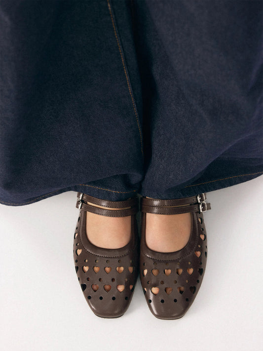 Coffee Square-Toe Heart Cutout Double Mary Jane Flats