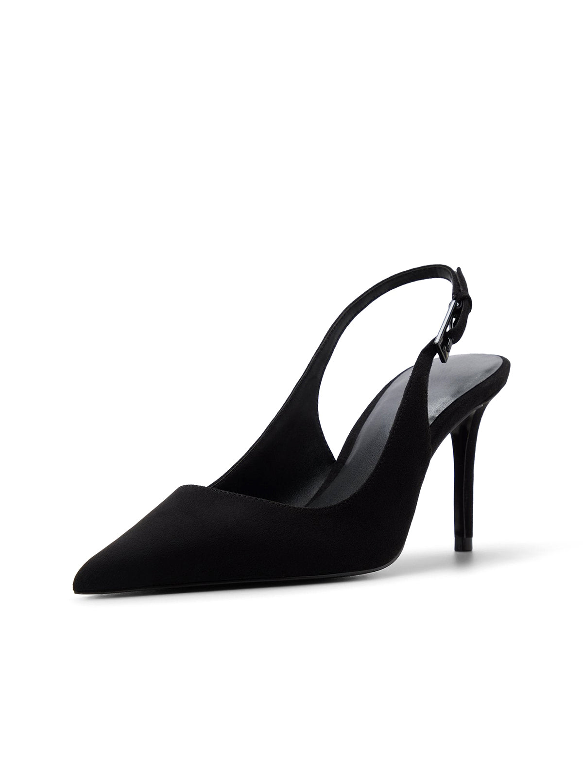 Black Faux Suede Pointed-Toe Classic Kitten Heels With Slingback