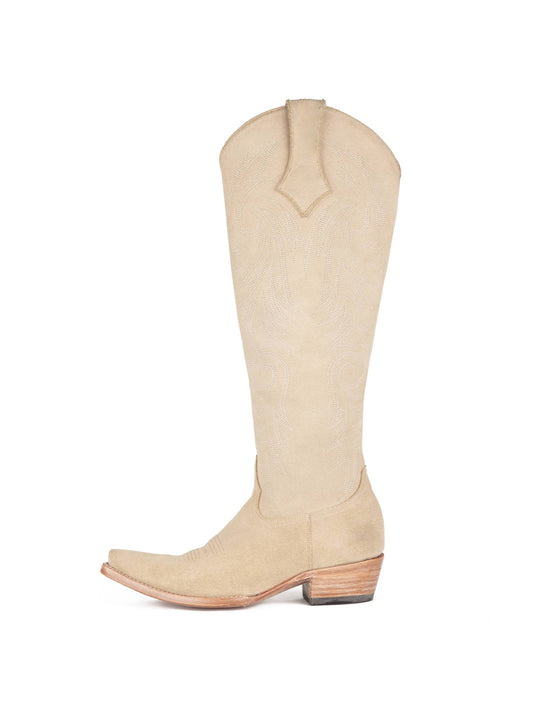 Sand Snip-Toe Classic Embroidery Western Half-Zip Knee High Cowgirl Boots