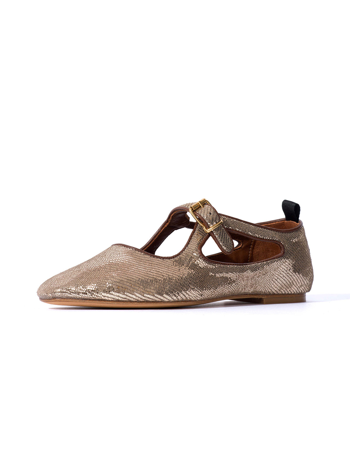 Square-Toe Buckle Strap Chic Flats - Metallic Champagne