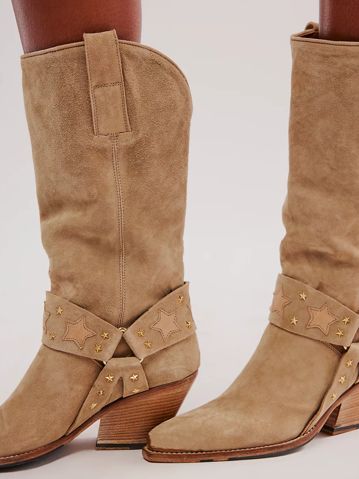 Tan Faux Suede Snip-Toe Wide Mid Calf Cowgirl Boots With Star-And-Stud-Adorned Straps