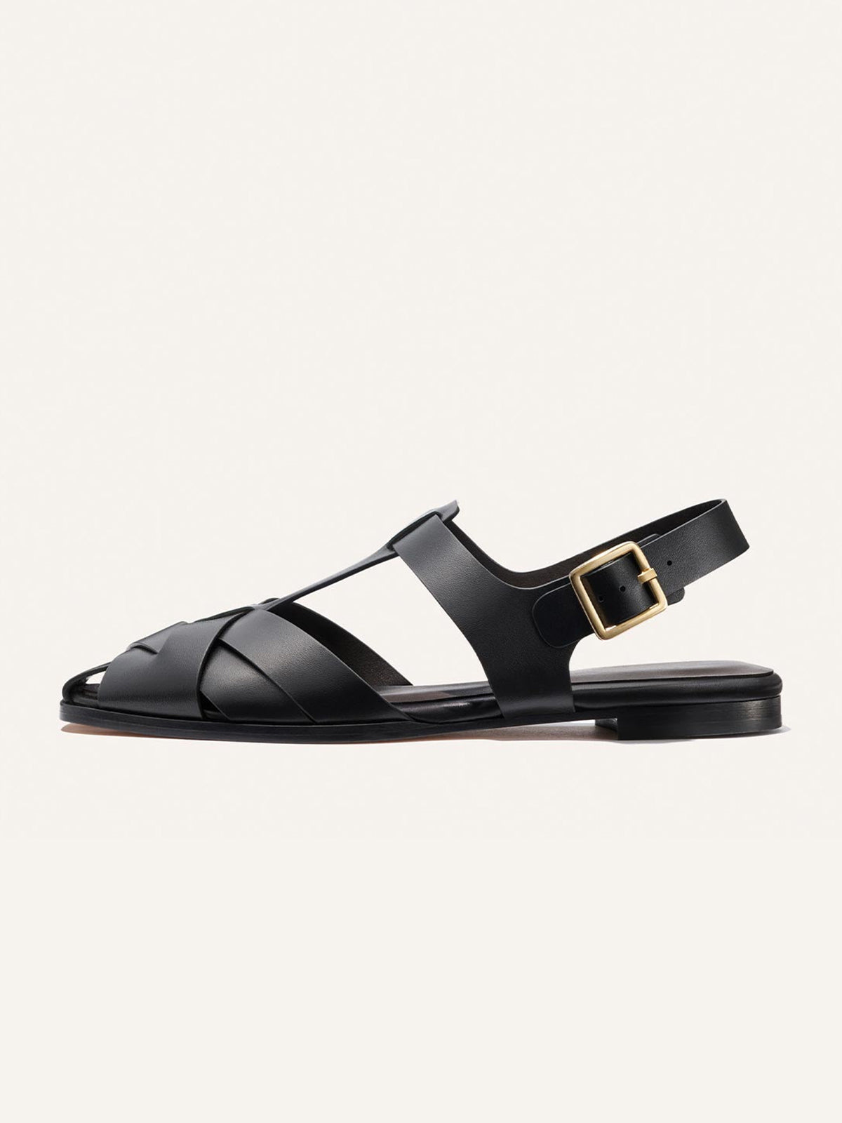 Black Cow Leather Square-Toe Caged Fisherman Chic Flats
