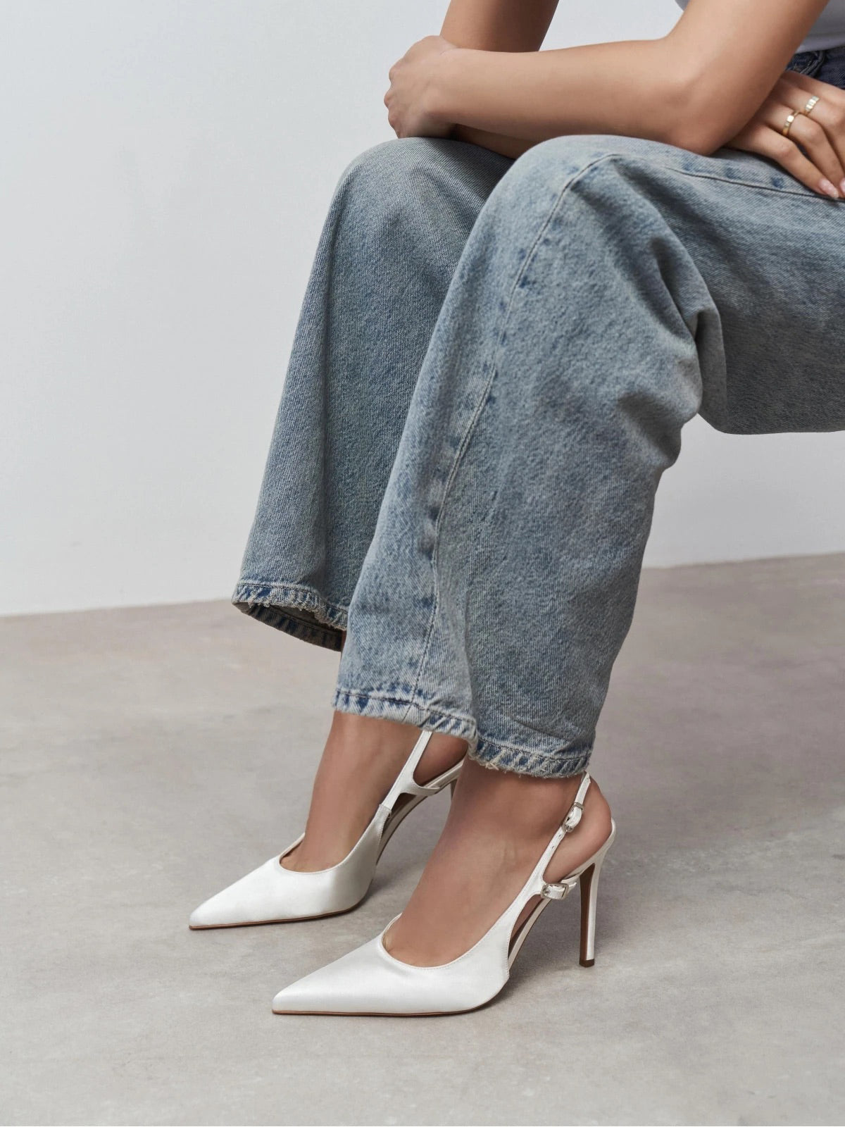 Satin Pointed-Toe Buckle Back Strap Chic High Heels - Ivory