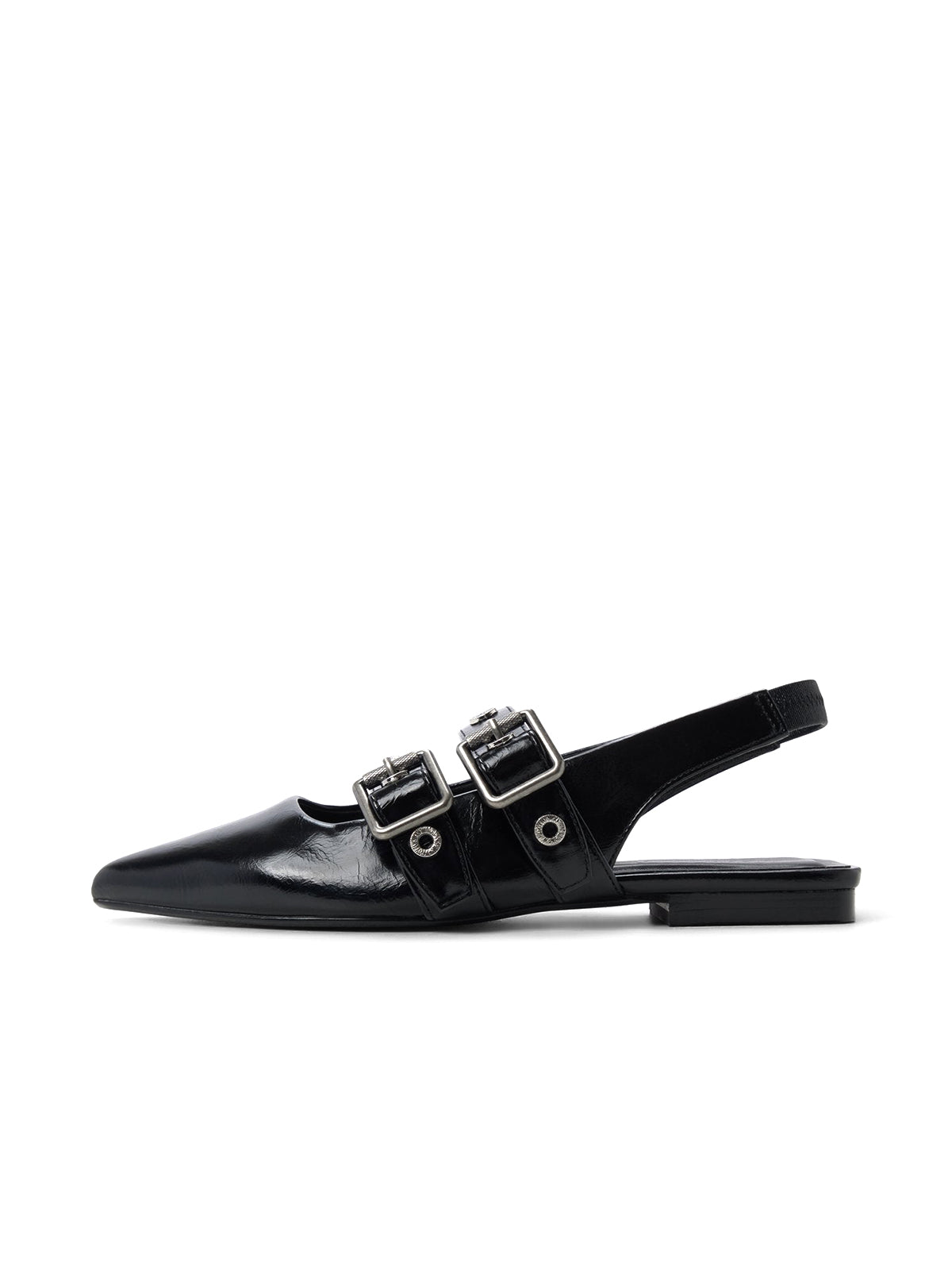 Black Pointed-Toe Double Bridge Straps Slingback Flats
