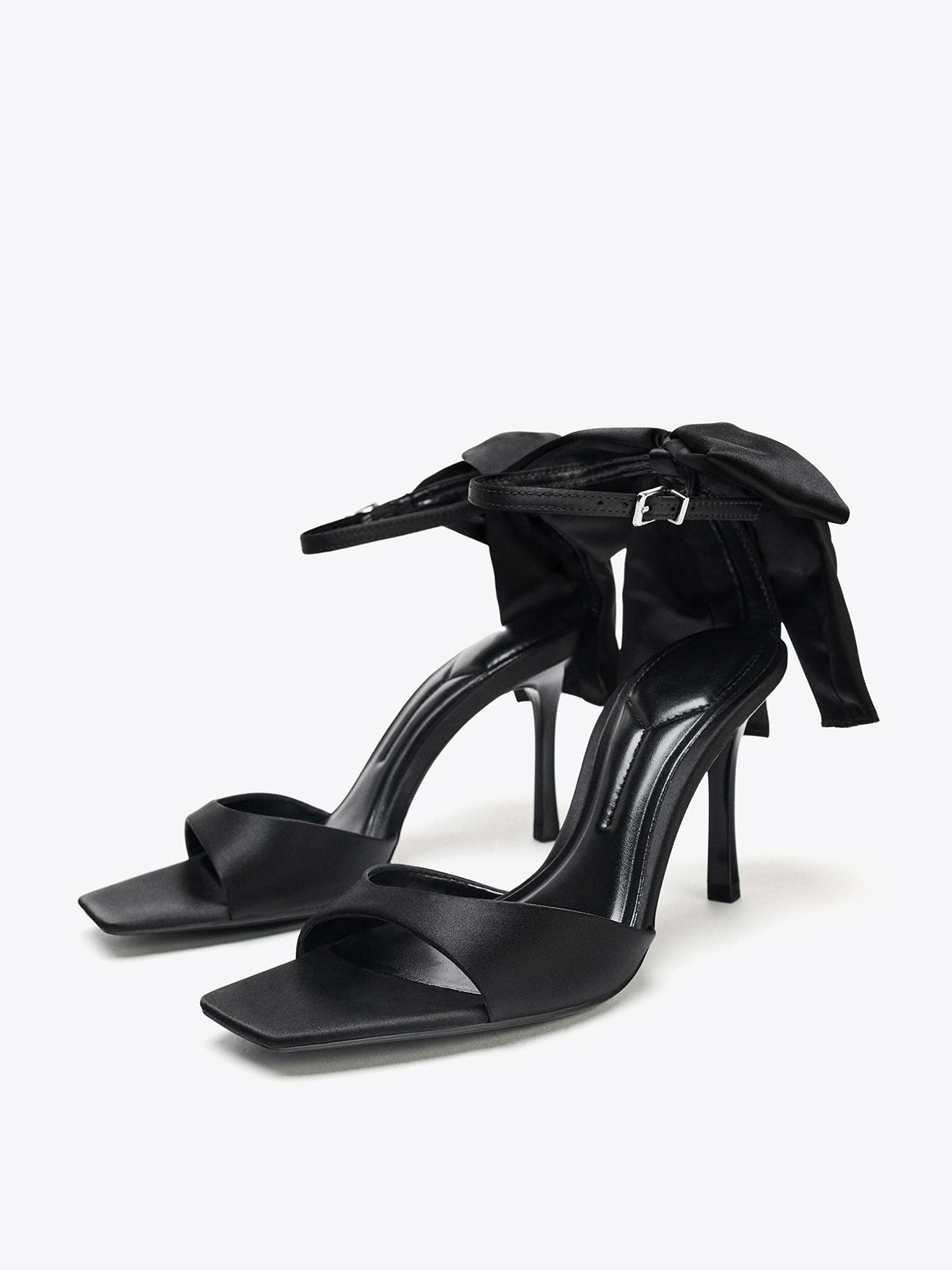 Black Satin Square-Toe Ankle Strap With Bow High Heels