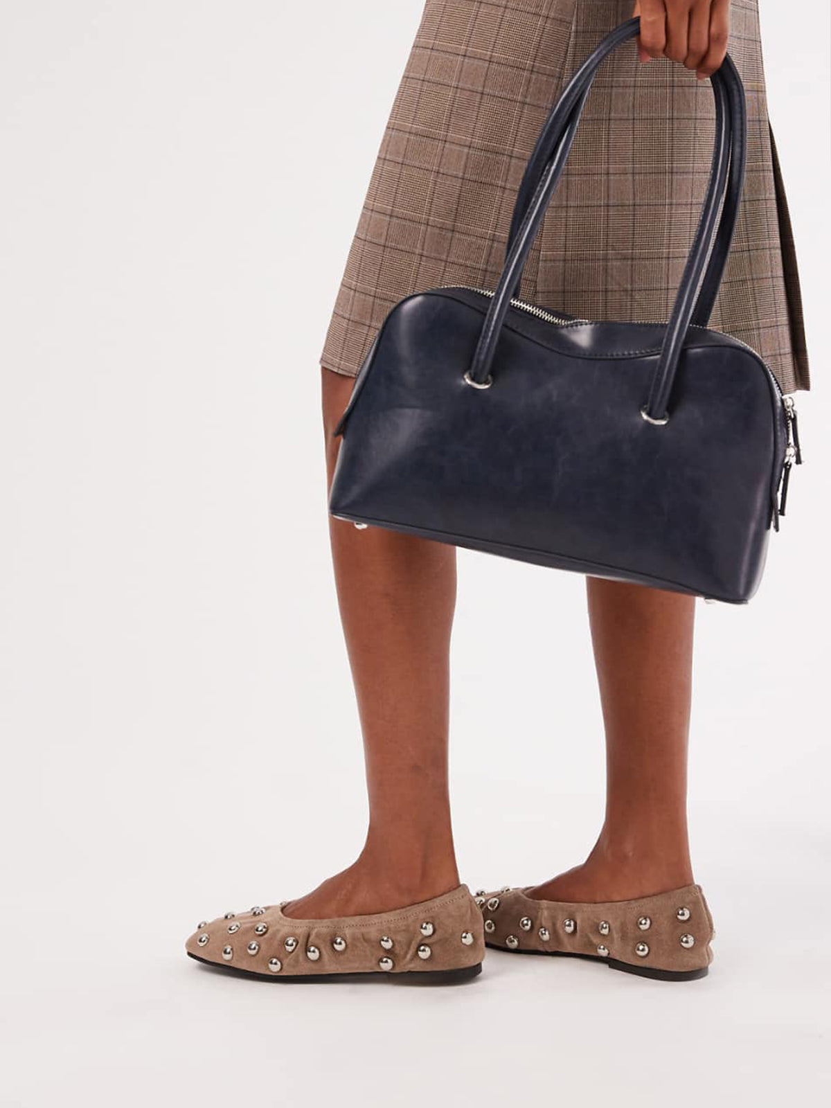 Taupe Faux Suede Square-Toe Studded Scrunch Ballet Flats