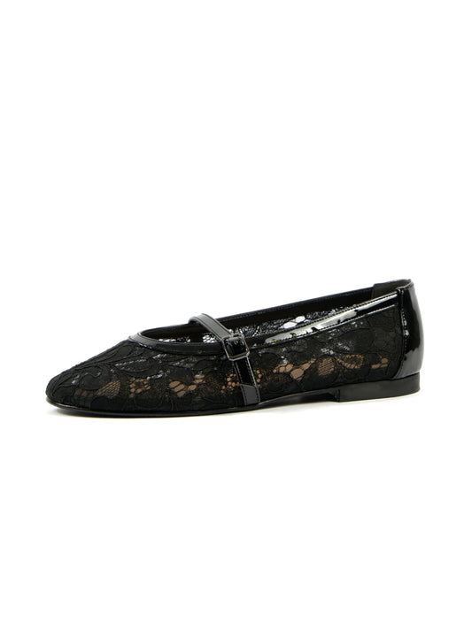 Black Lace Mesh Round-Toe Chic Mary Jane Classic Ballet Flats