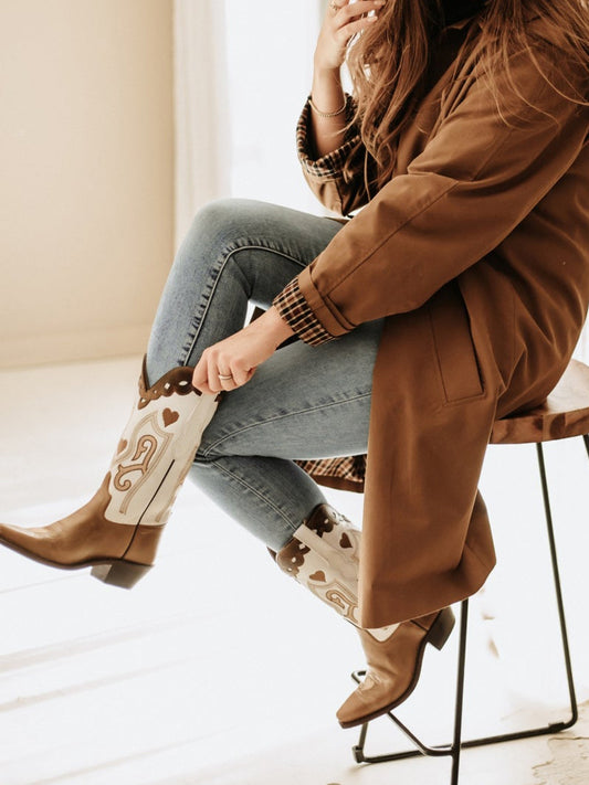 Brown Snip-Toe Applique Cowgirl Wesern Mid Calf Boots