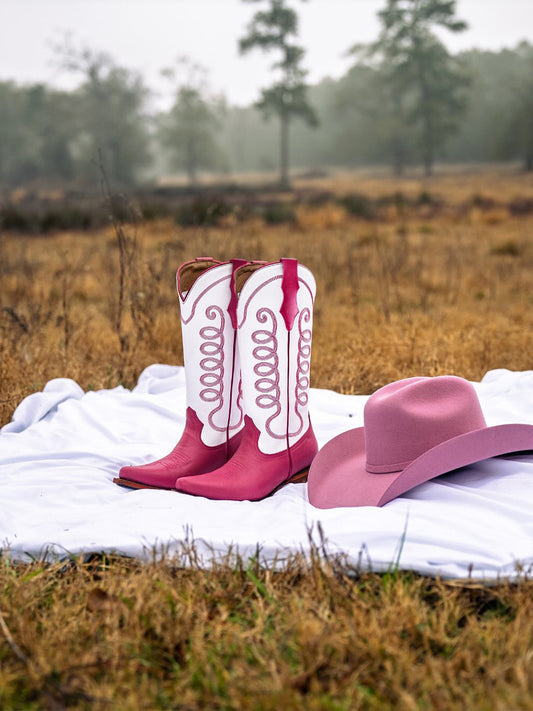 Contrast White And Berry Snip-Toe Simple Embroidery Classic Mid Calf Cowgirl Boots