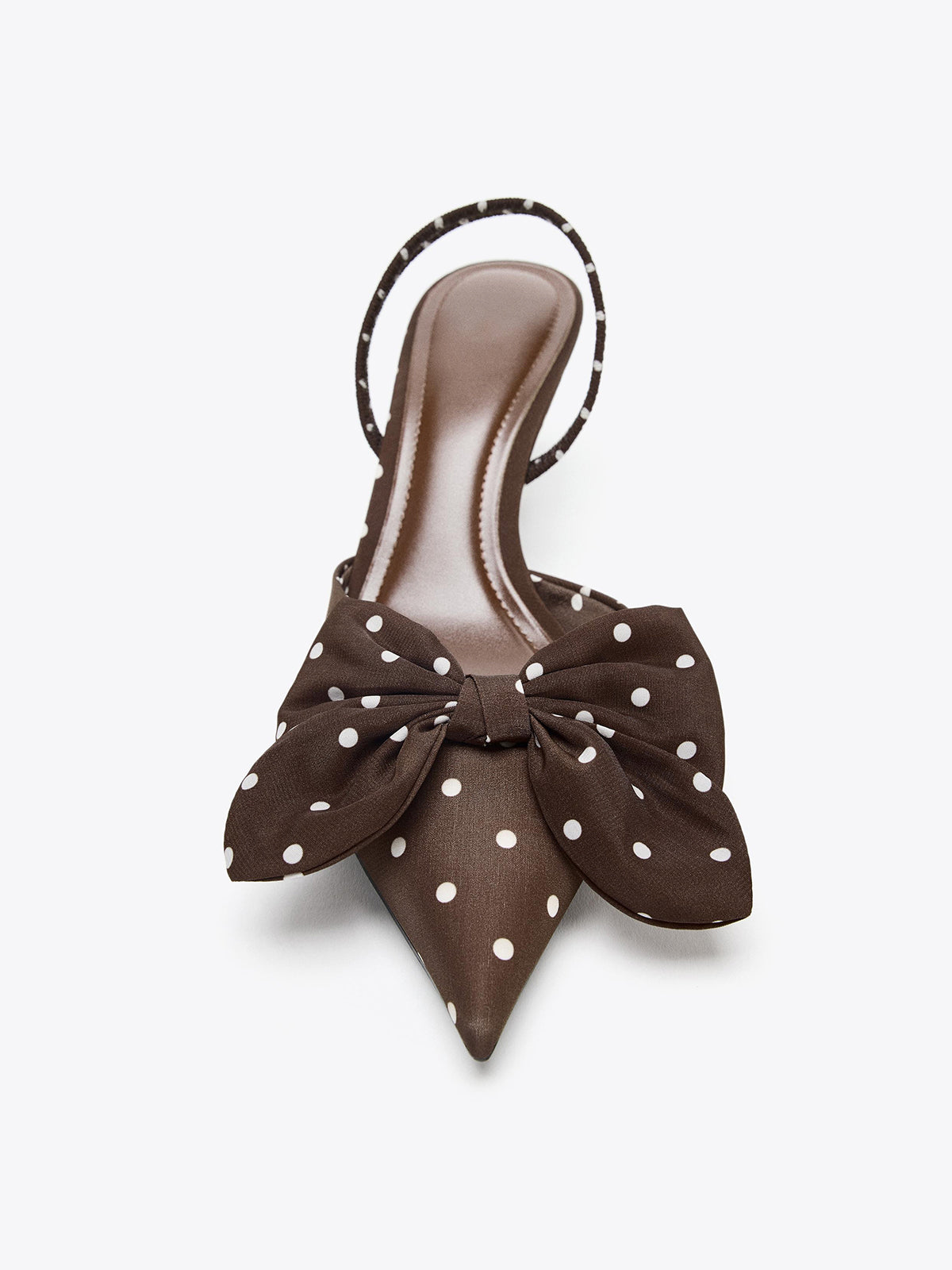 Chocolate Satin Pointed-Toe Front Bow Polka Dot Print Slingback Kitten Heels
