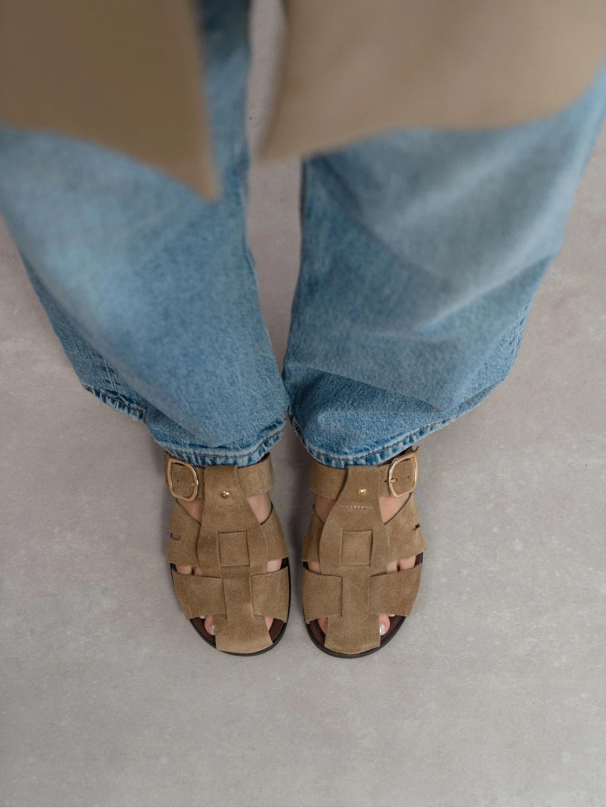 Light Khaki Cow Suede Round-Toe Caged Detail Backless Flats