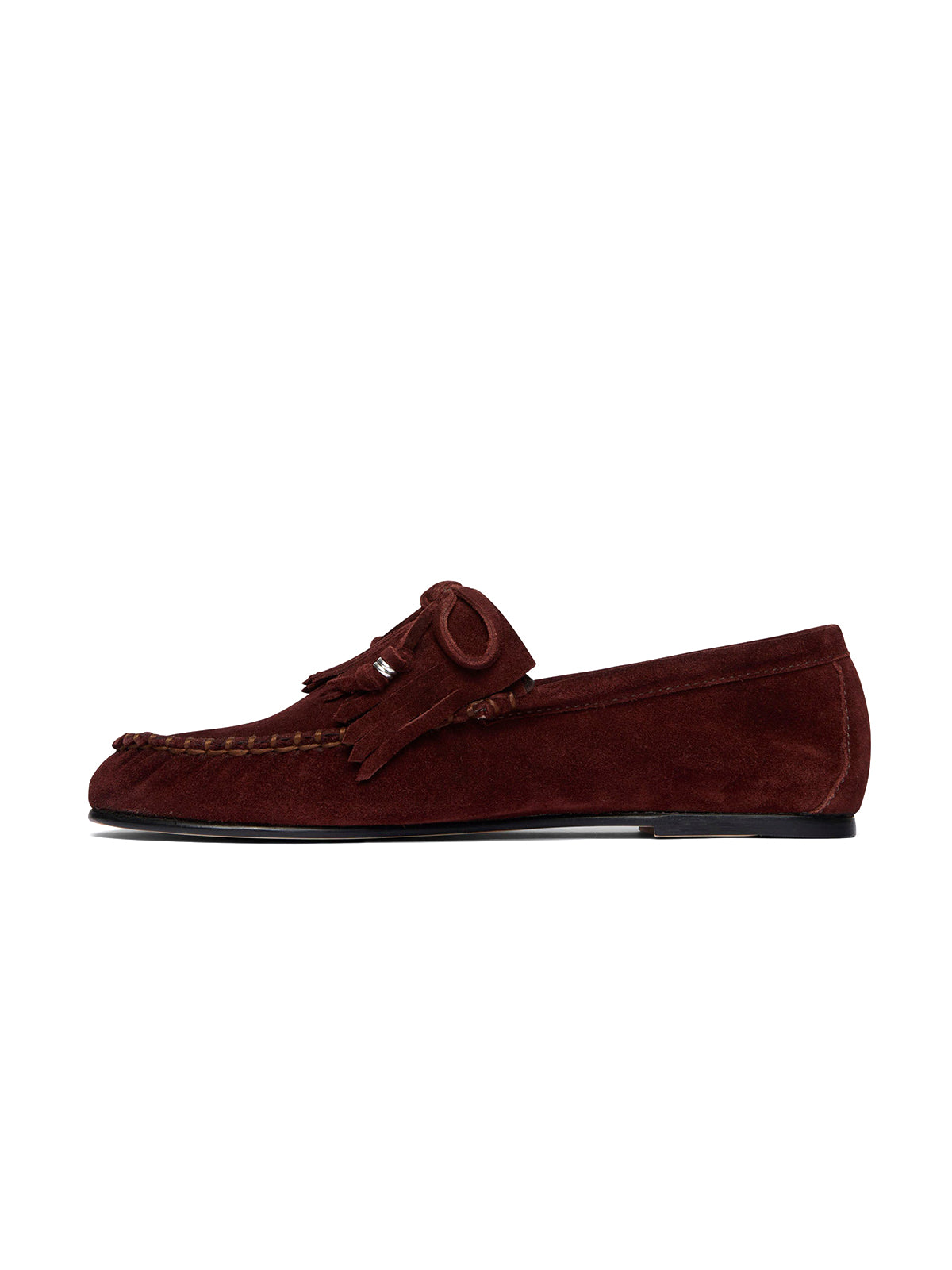 Burgundy Cow Suede Round-Toe Front Fringe And Bow Loafers Flats