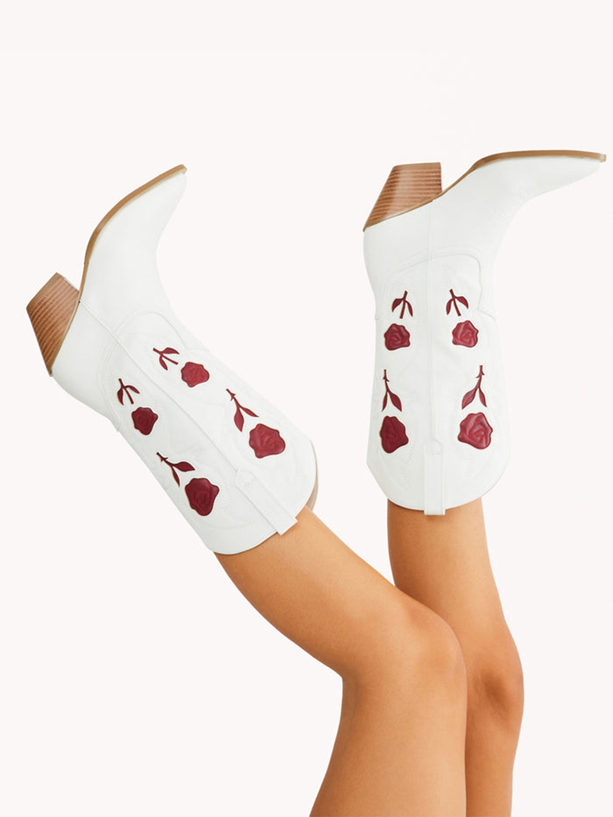 White Almond-Toe Red Rose Inlay Mid Calf Cowgirl Boots