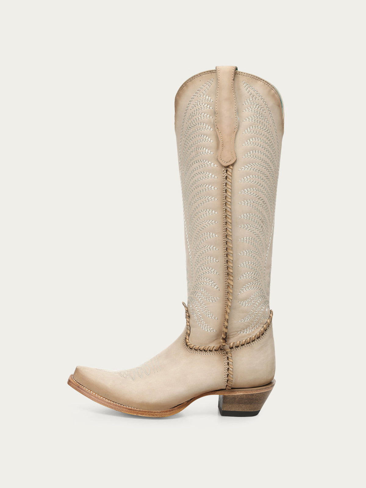 Bone Snip-Toe Embroidery Side Woven Detail Full-Zip Knee High Cowgirl Boots