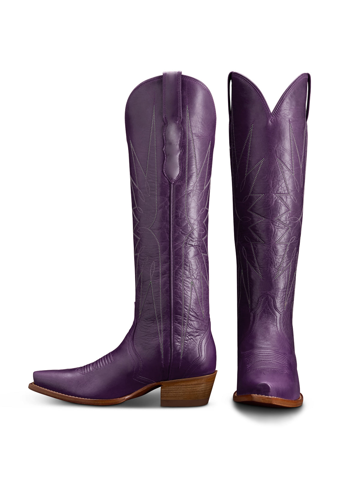 Dark Purple Snip-Toe Embroidery Wide Calf Knee High Cowgirl Boots