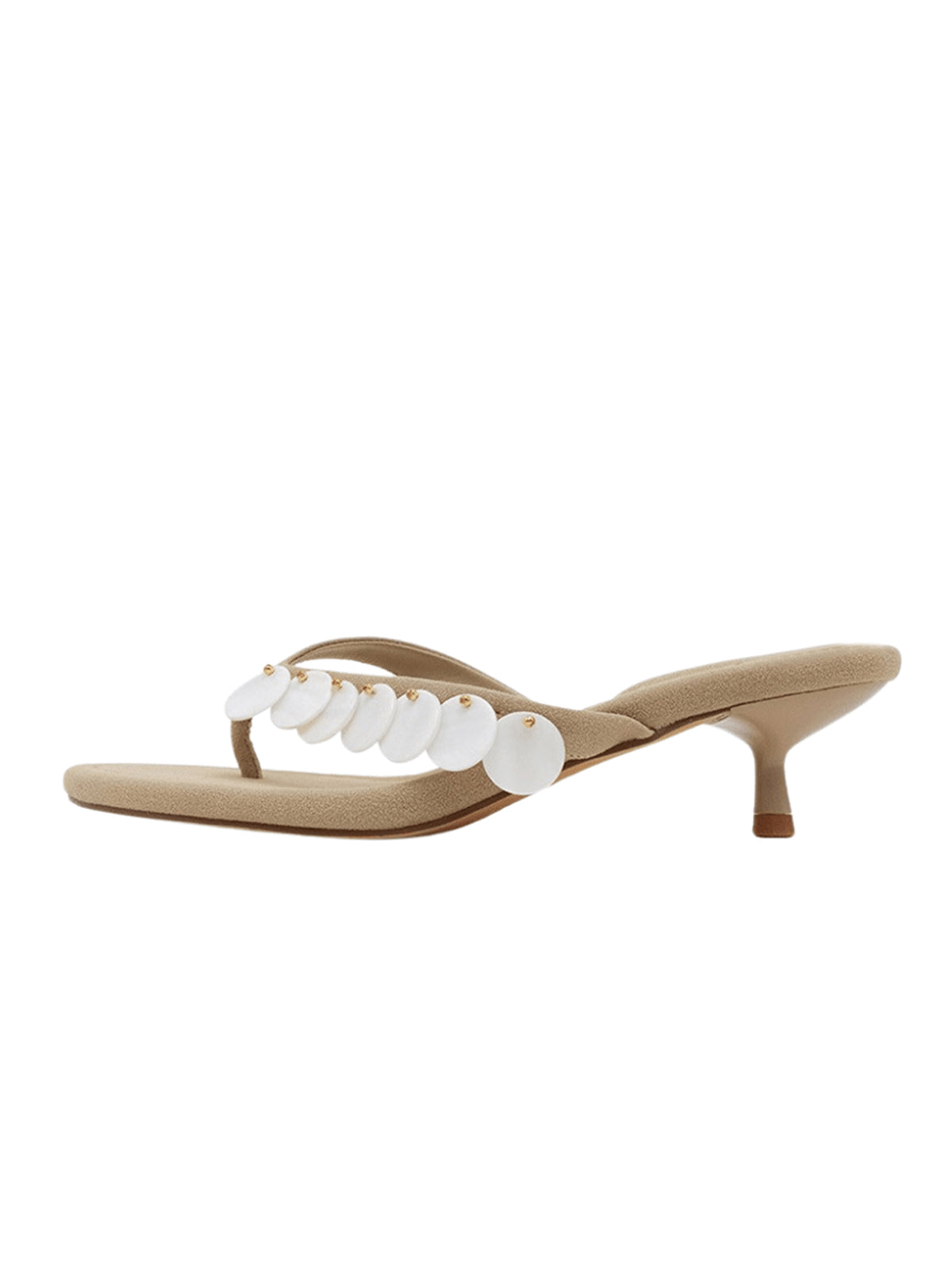 Sand Faux Suede Round-Toe Flip-Flop With Mother Of Pearl Kitten Heels