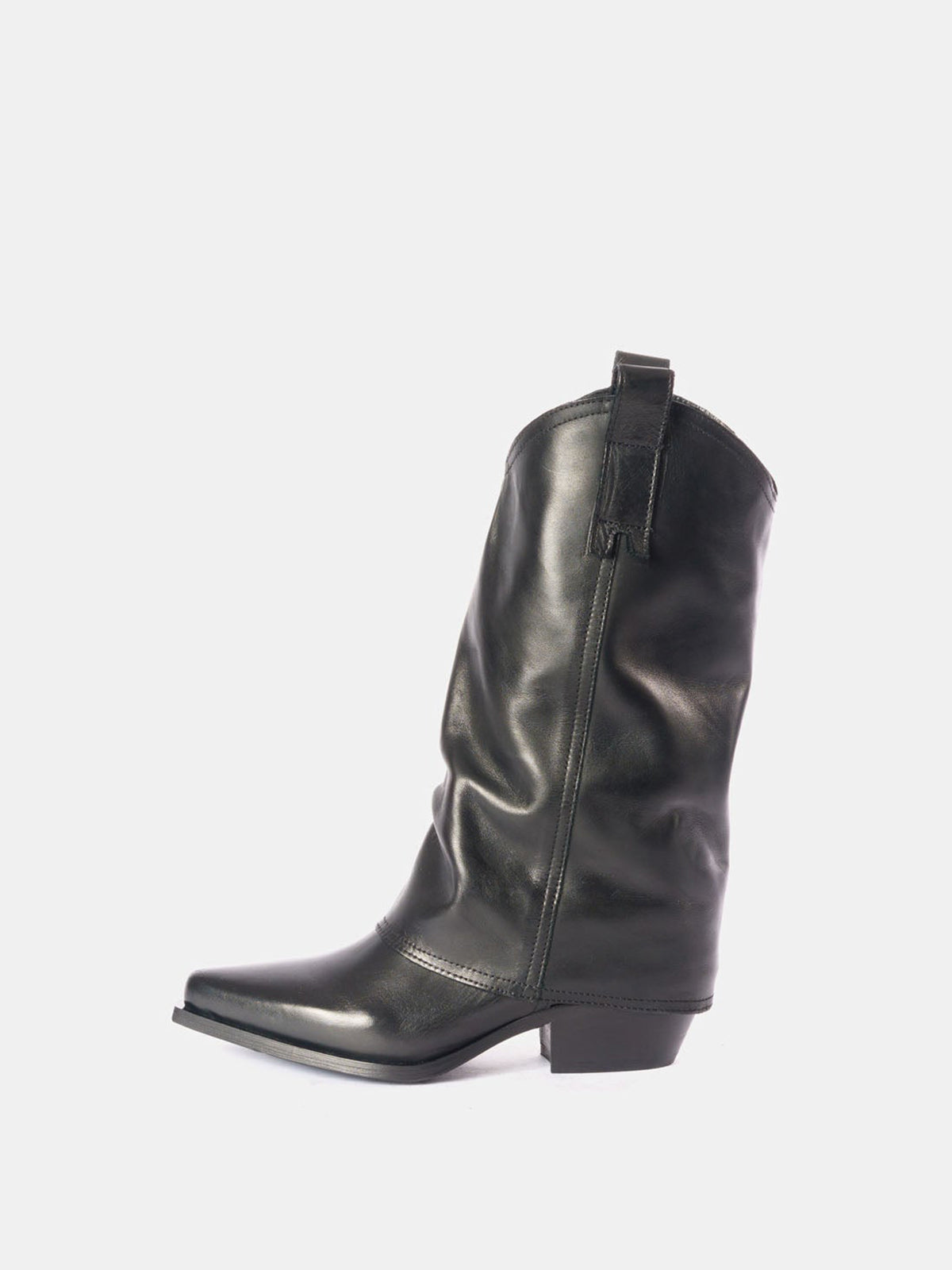 Black Snip-Toe Mid Calf Fold-Over Cowgirl Boots