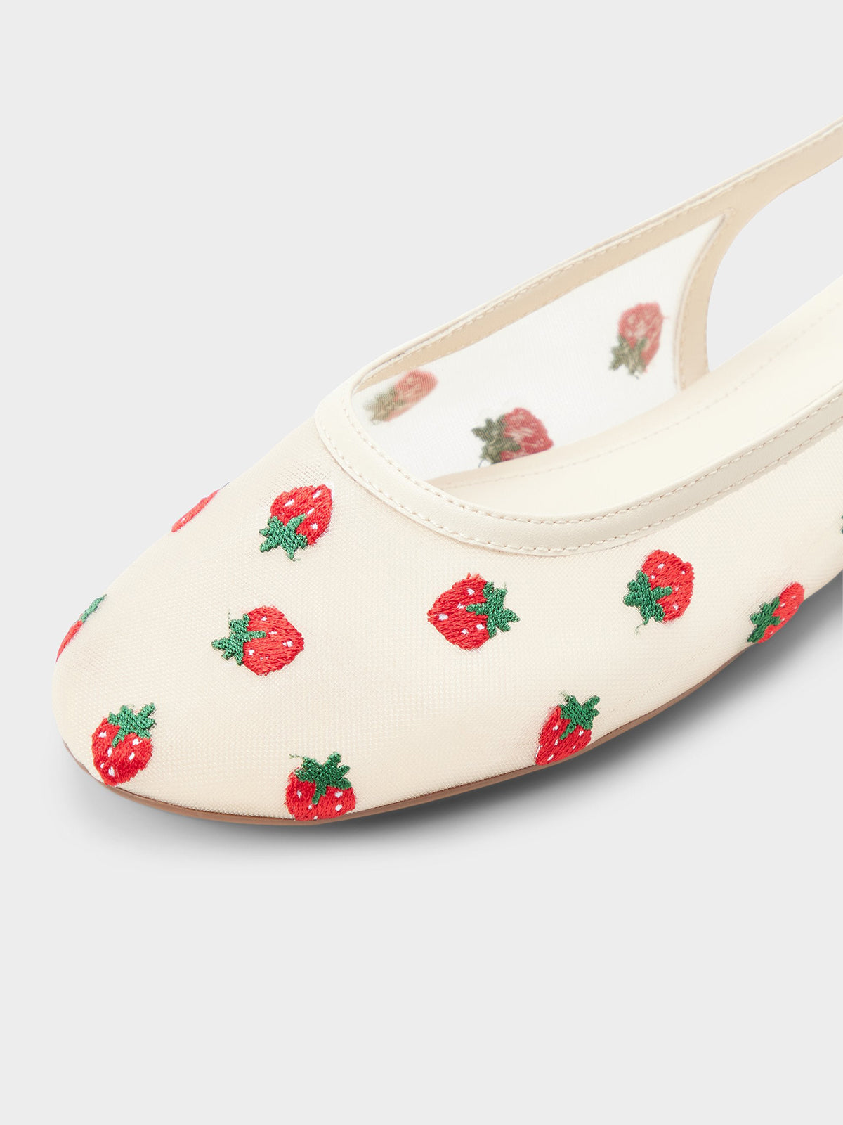 Cream Mesh Round-Toe Strawberry Embroidery Chic Back Strap Flats