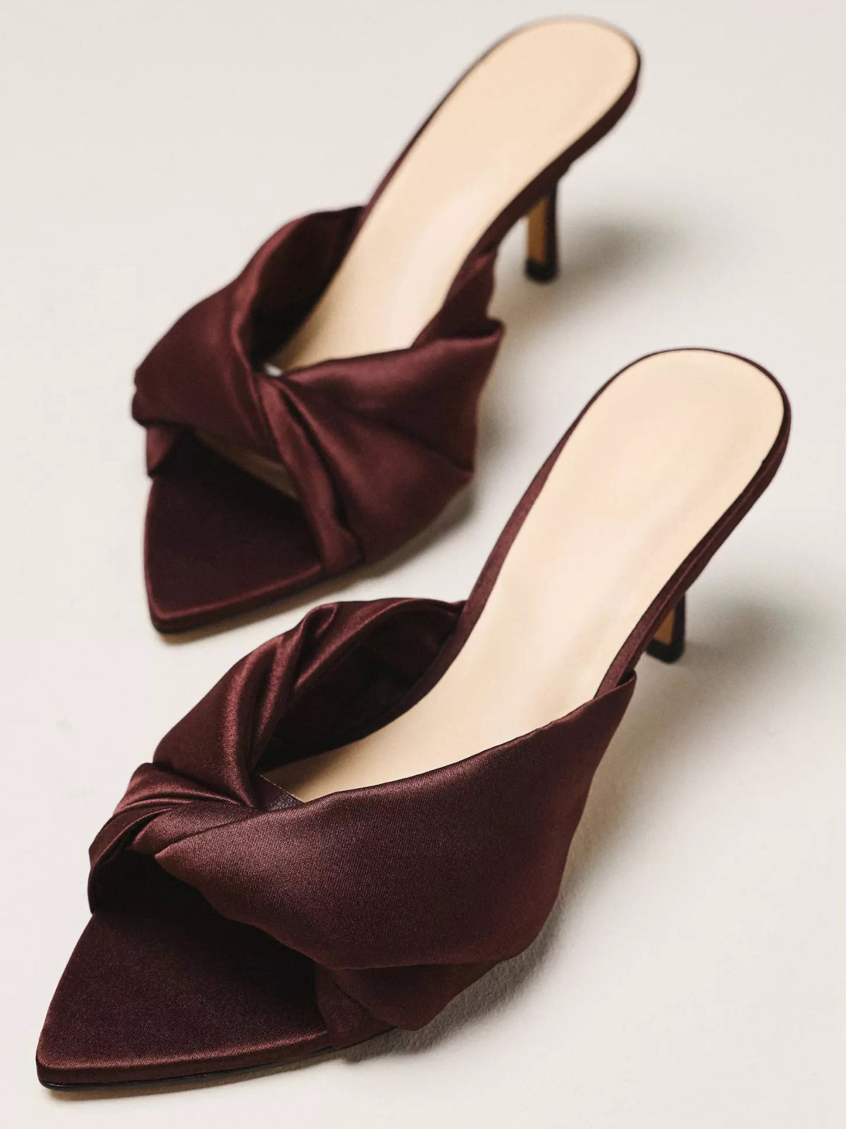 Satin Open Pointed-Toe Front Strap Backless Mules High Heels - Brown