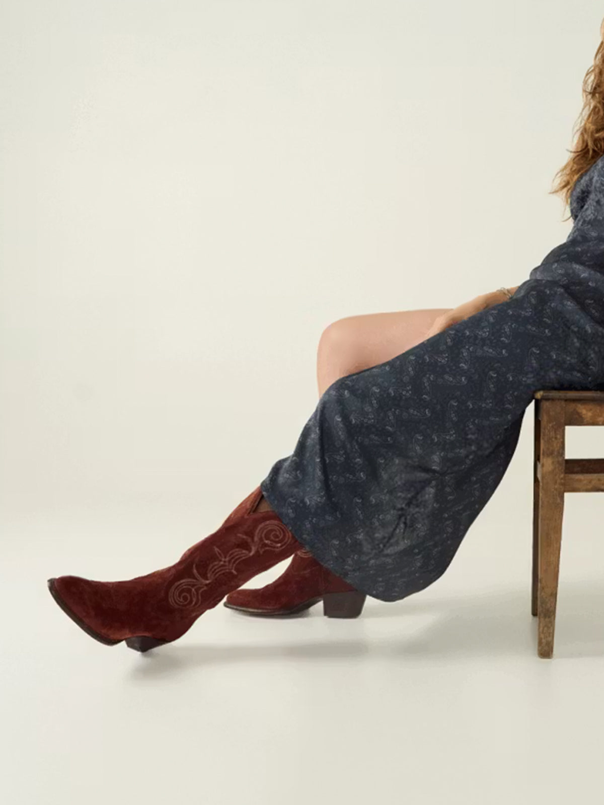 Brick Faux Suede Round-Toe Knee High Wide Calf Embroidery Cowgirl Boots