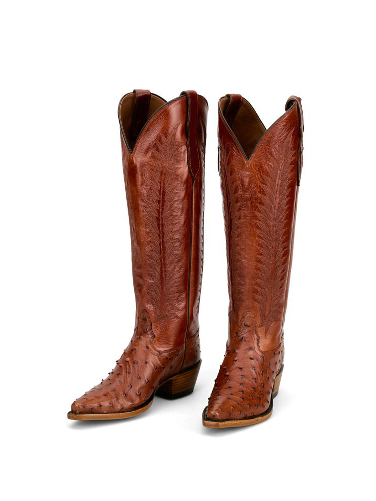Cognac Ostrich Print Snip-Toe Western Stitch Knee High Cowgirl Boots
