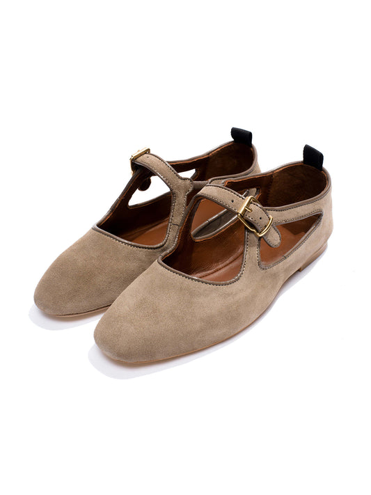 Square-Toe Buckle Strap Chic Flats - Taupe Faux Suede
