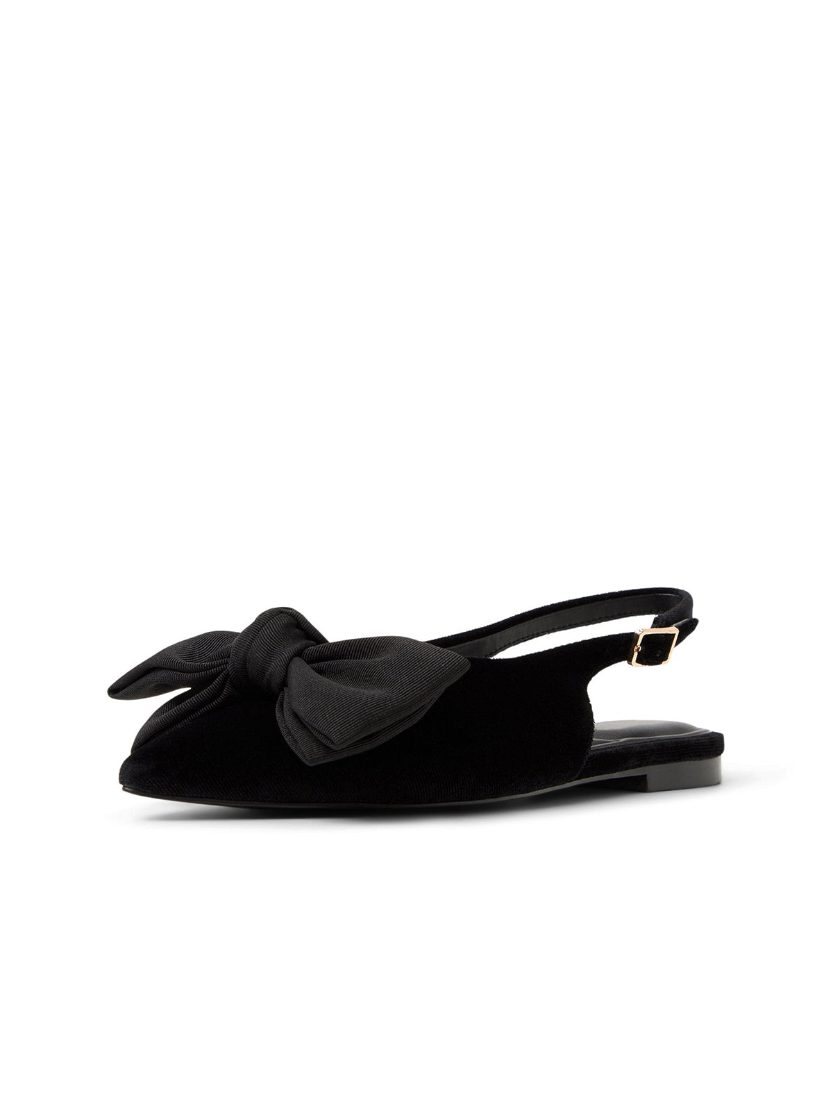 Black Satin Pointed-Toe Front Big Bow Slingback Flats