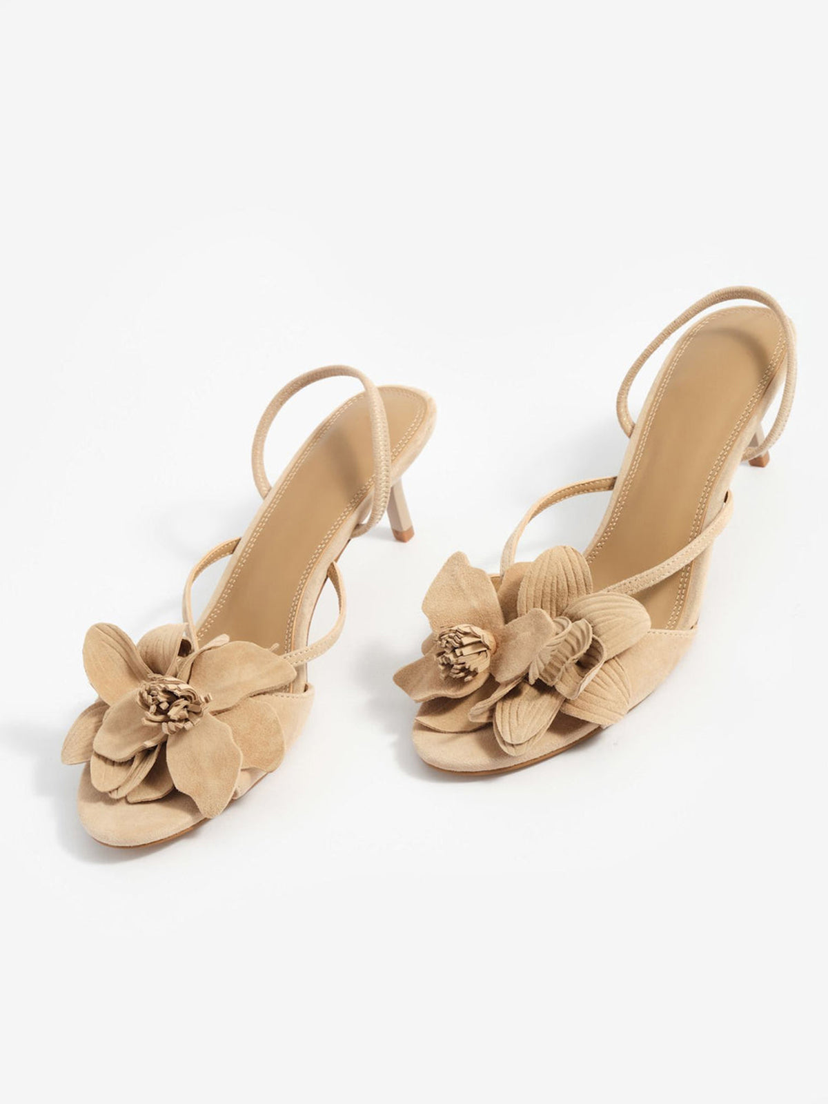 Nude Cow Suede Round-Toe Front 3D Flower Detail Back Strap Kitten Heels