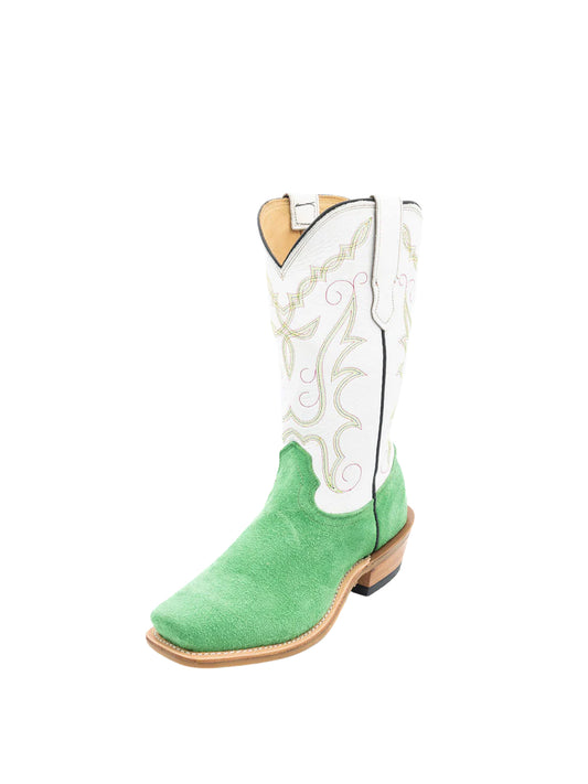 Contrast White And Green Square-Toe Classic Embroidery Mid Calf Cowgirl Boots
