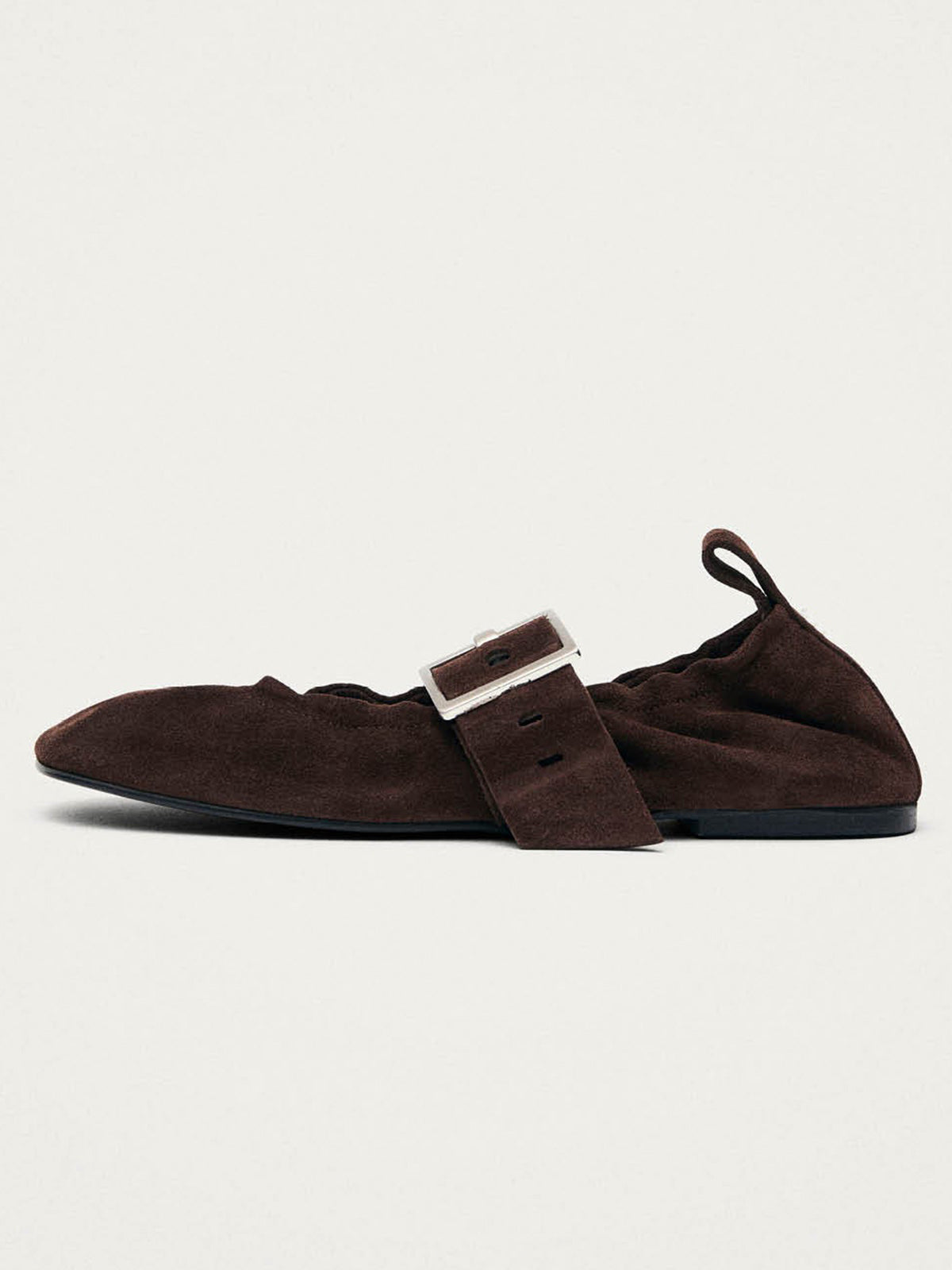 Brown Faux Suede Square-Toe Big Buckle Middle Strap Chic Ballet Flats