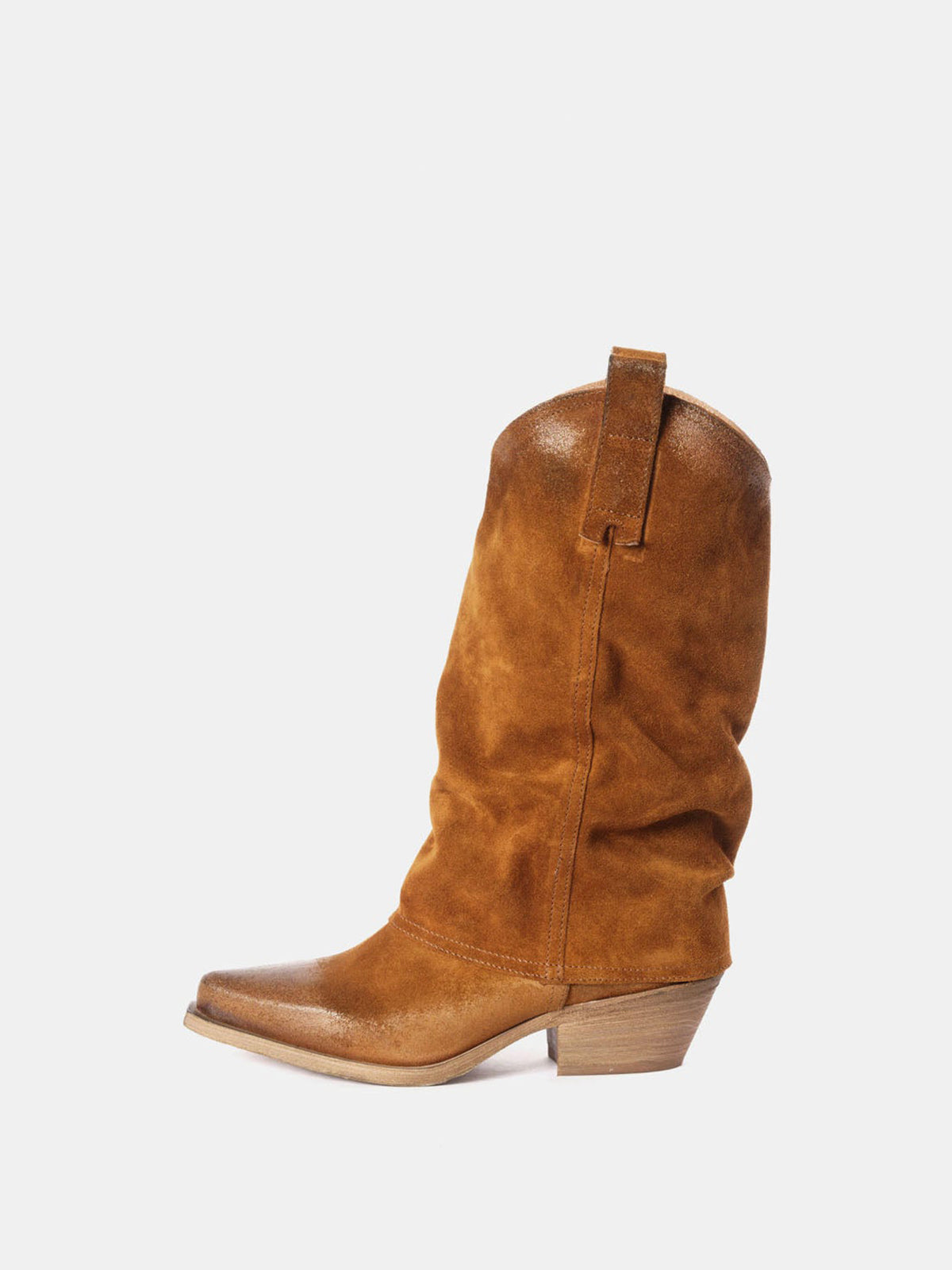 Brown Faux Suede Snip-Toe Mid Calf Fold-Over Cowgirl Boots