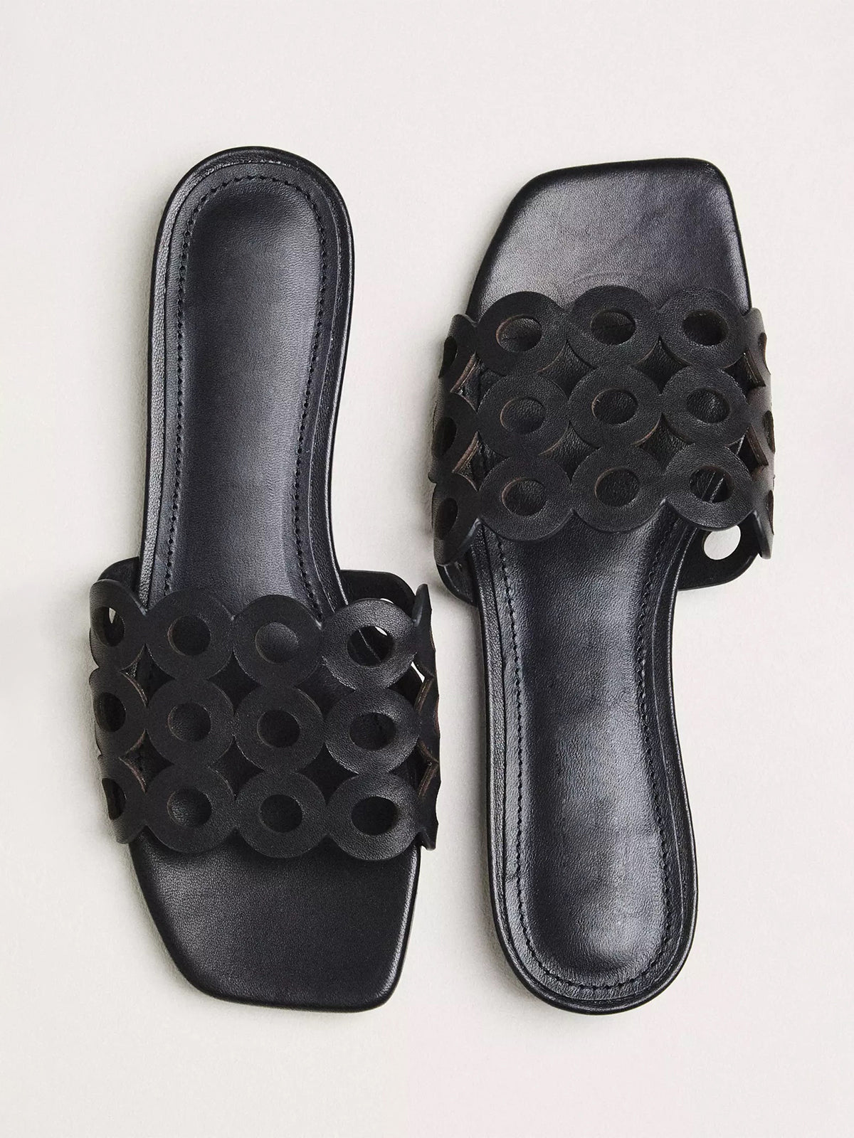Black Square-Toe Cutout Slide Backless Sandals Flats