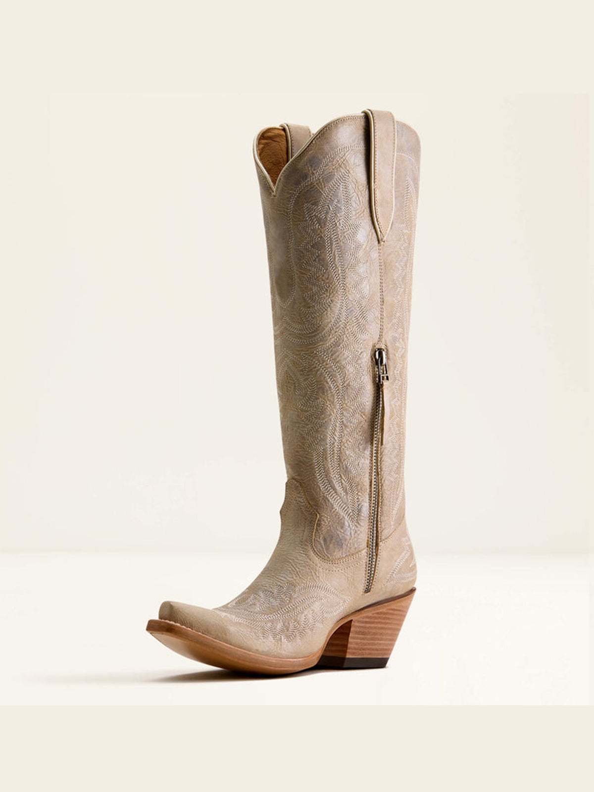 Western Embroidery Tall Snip-Toe Half-Zip Knee High Cowgirl Boots - Distressed Bone