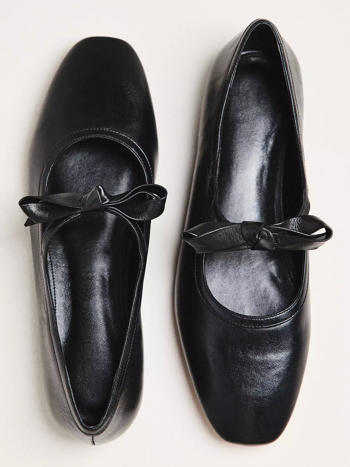 Black Square-Toe Bridge Bow Strap Ballet Flats