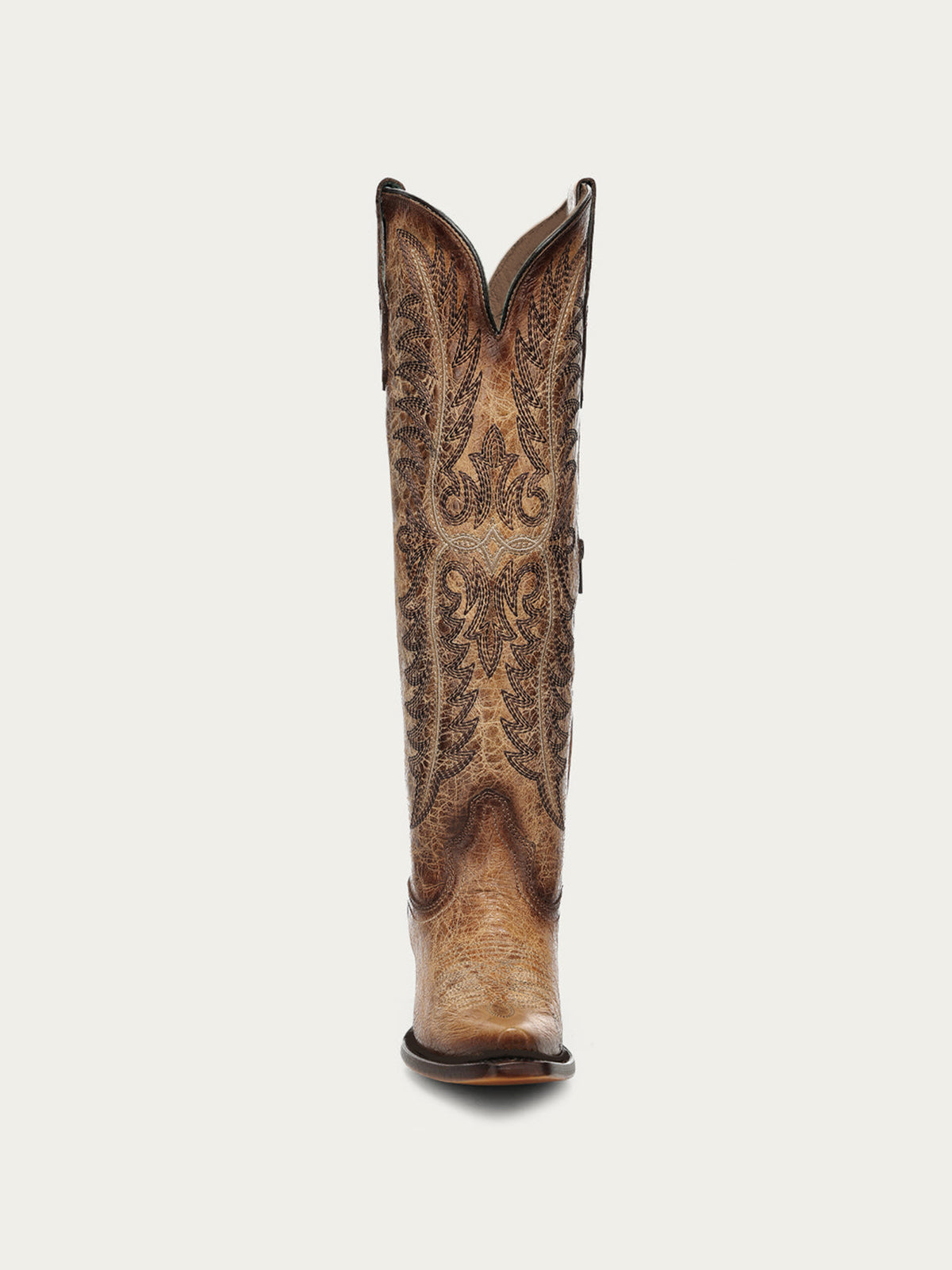 Distressed Tan Snip-Toe Embroidery Retro Half-Zip Knee High Cowgirl Boots