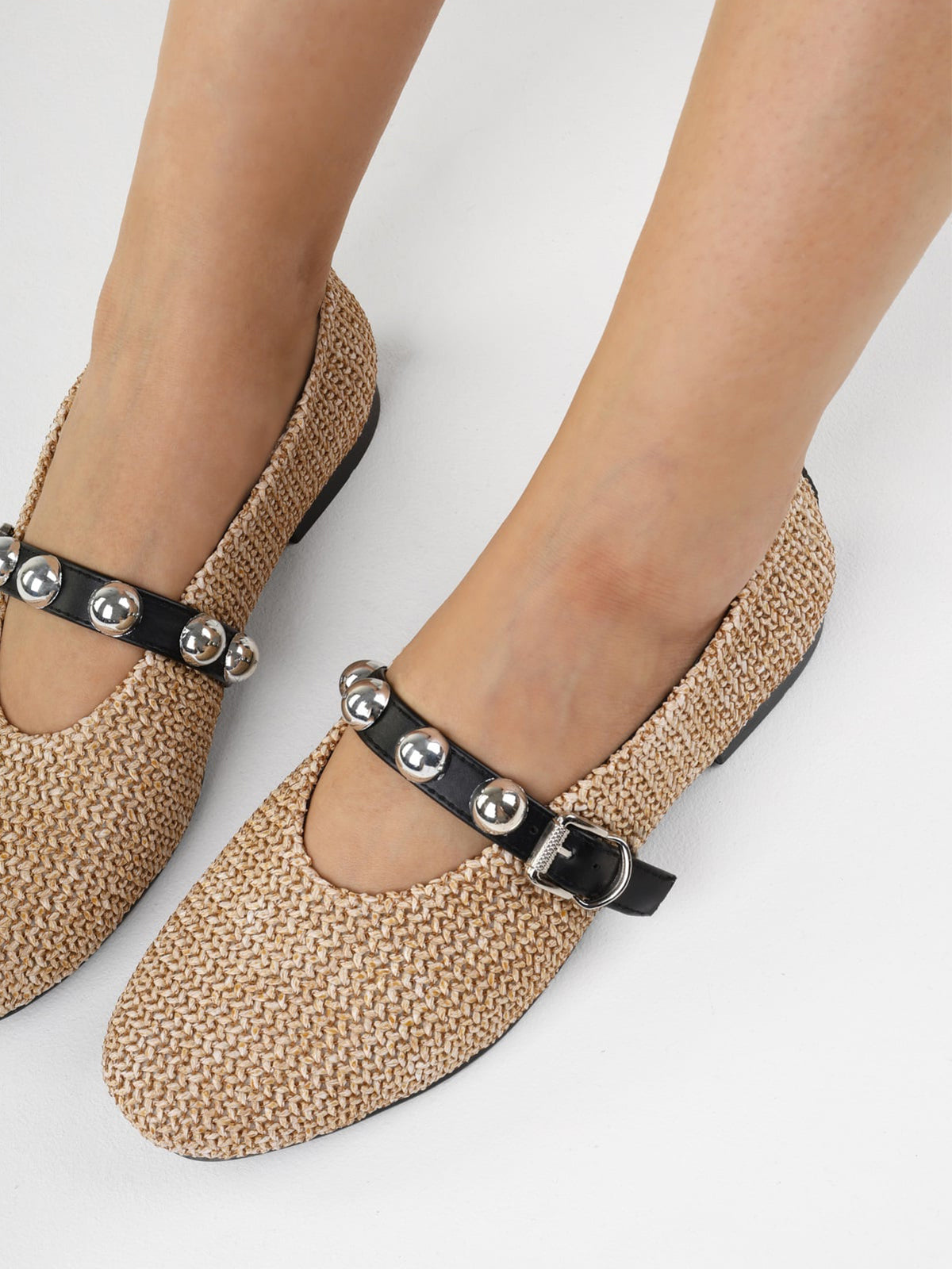 Nude Grass Woven Square-Toe Bridge Strap With Studs Ballet Flats