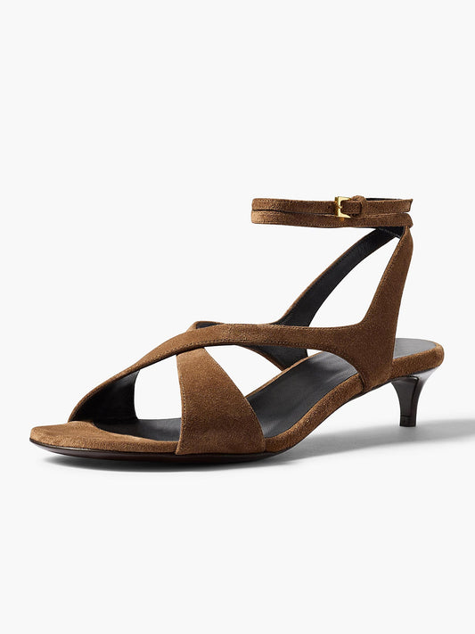 Brown Faux Suede Square-Toe Crossed Straps Back And Ankle Strap Kitten Heels