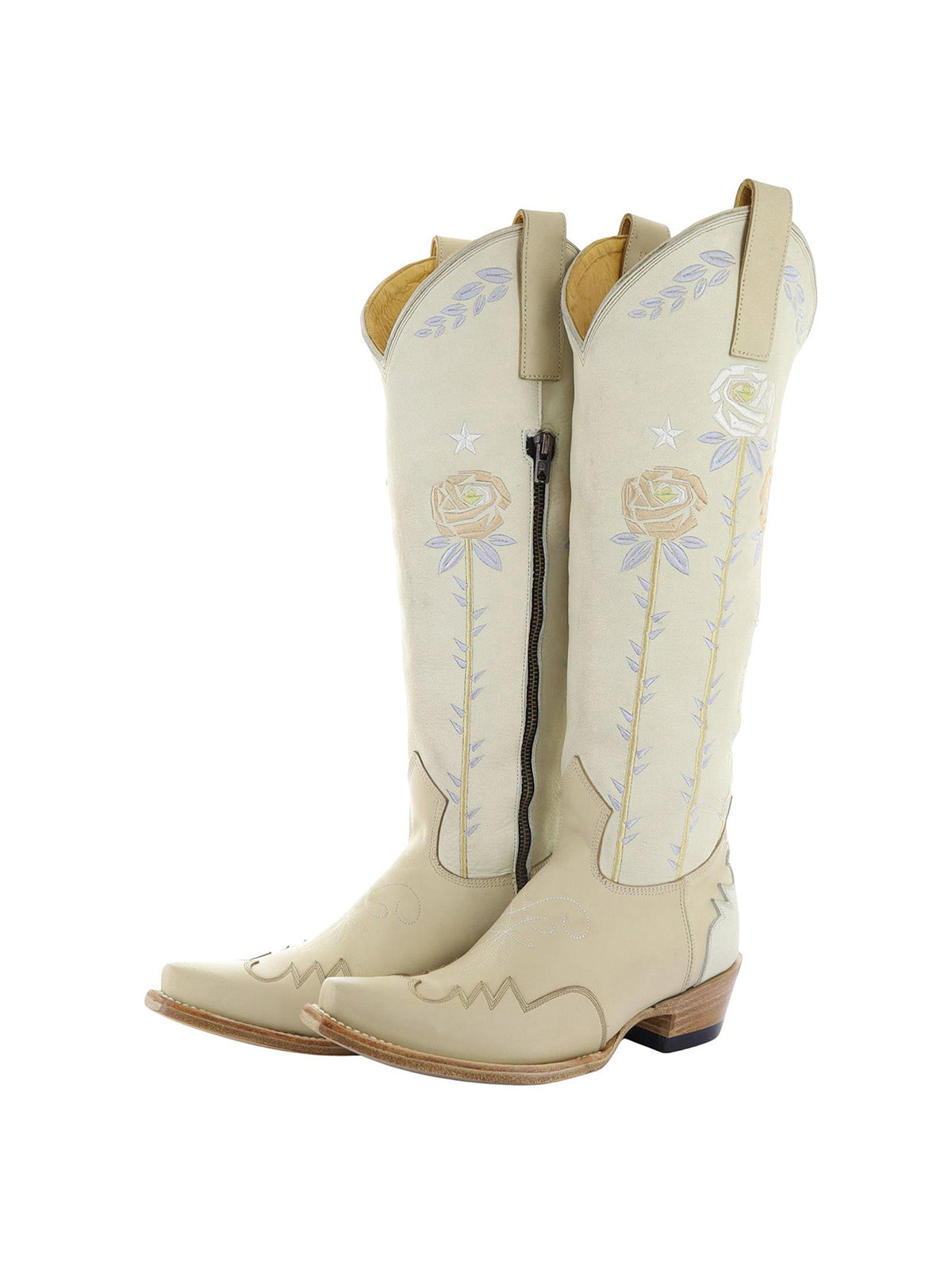 Beige Snip-Toe Colorful Roses Embroidery Full-Zip Knee High Cowgirl Boots