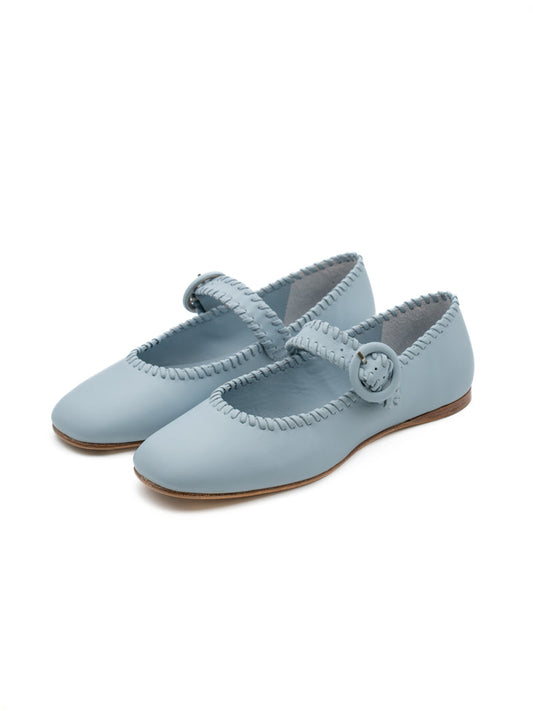 Sky Blue Square-Toe Chic Buckle Mary Jane Classic Flats