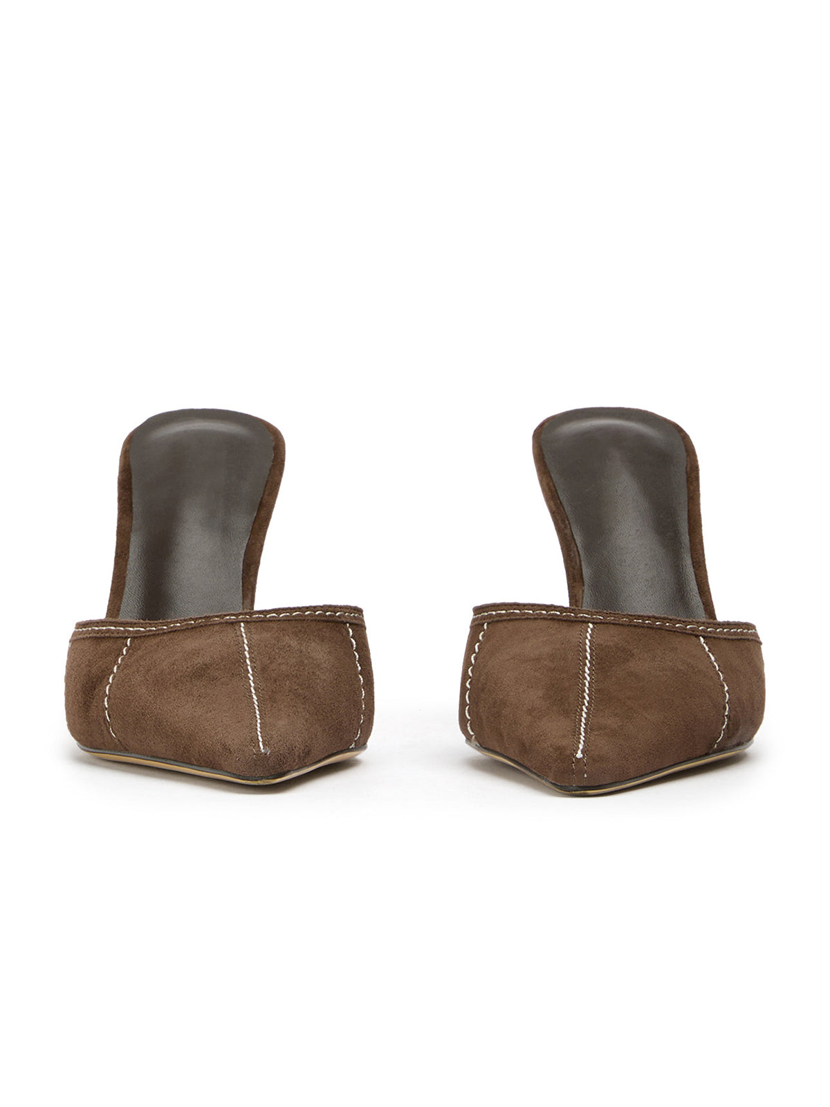 Coffee Faux Suede Pointed-Toe Stitch Backless High Heels