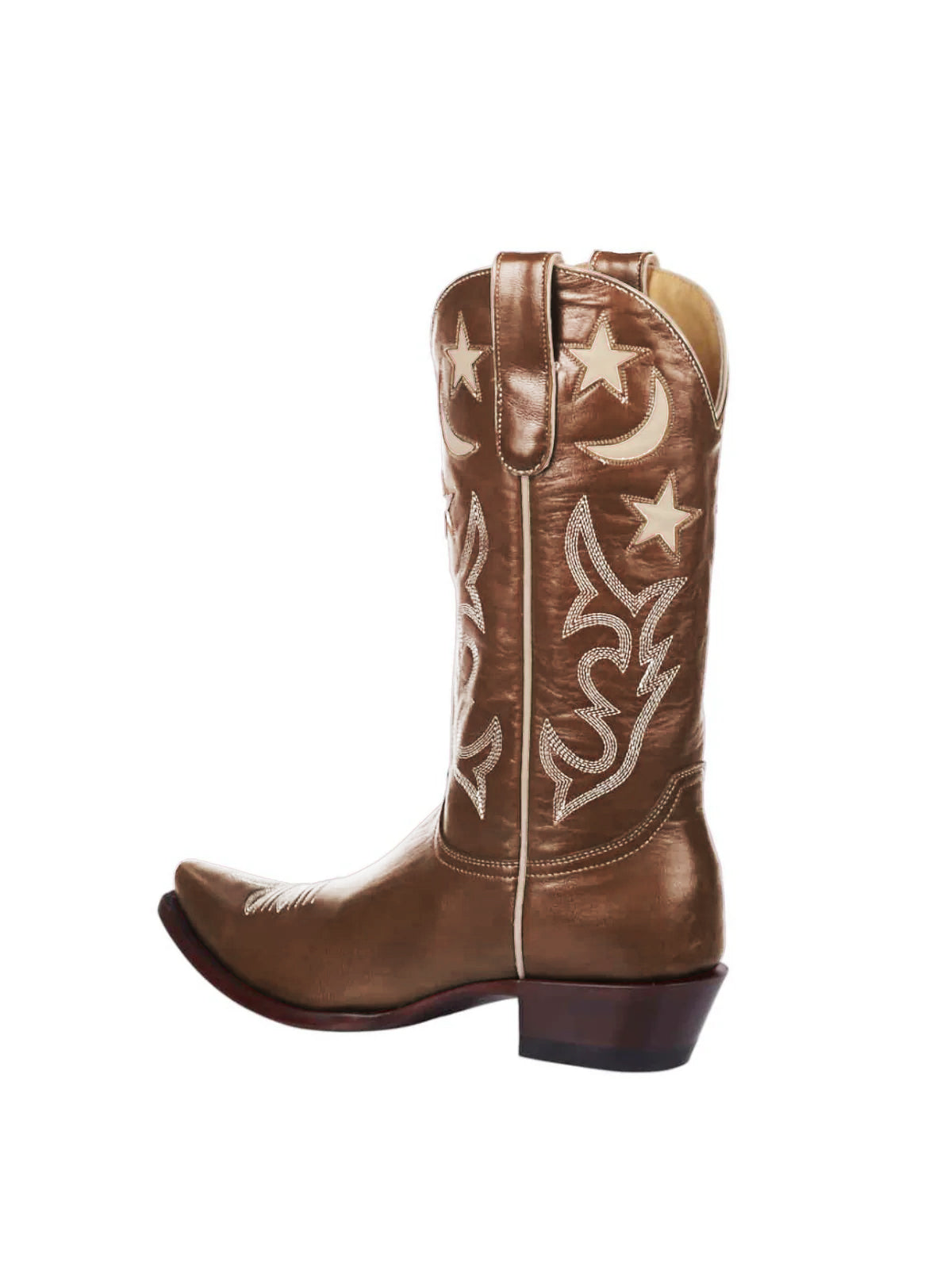 Metallic Bronze Snip-Toe Moon And Star Inlay Embroidery Mid Calf Cowgirl Boots