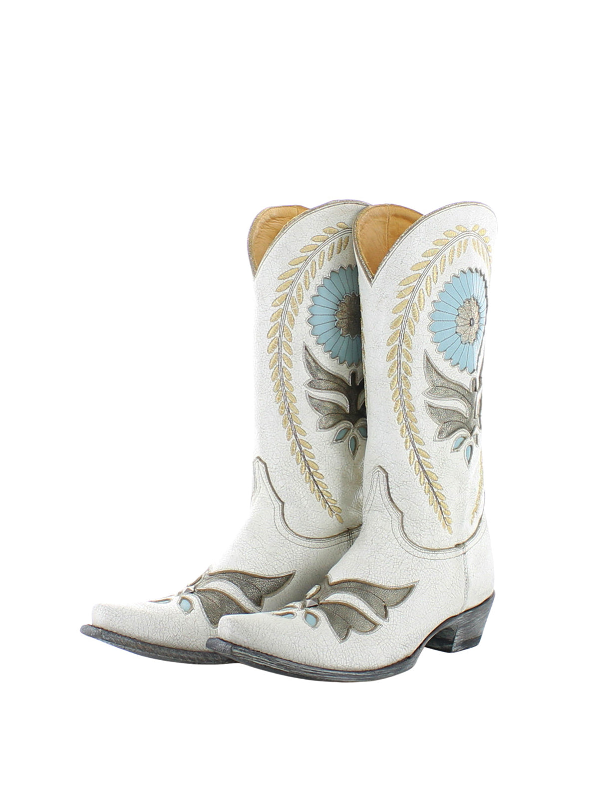Distressed Ivory Snip-Toe Sunflower Inlay Rice Ears Embroidery Mid Calf Cowgirl Boots